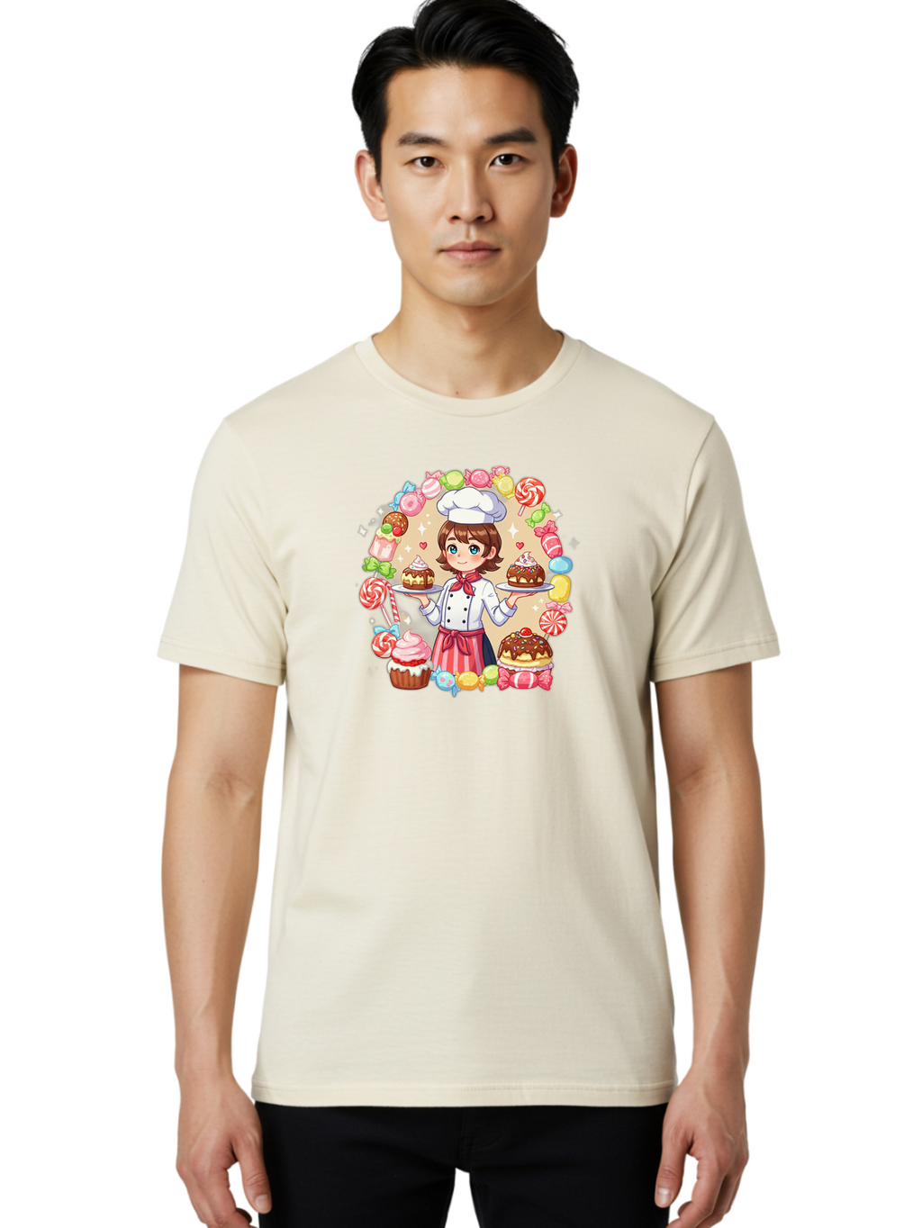 Candy-Baker Men'S Graphic Tee, 100% Cotton, Comfortable Casual Summer Wear, Machine Washable, Cartoon Chef, Cute Baker, Sweet Treats, Desserts, Cupcakes, Cakes, Candy, Lollipops, Pastry Chef, Baked Goods, Confectionery Bab707