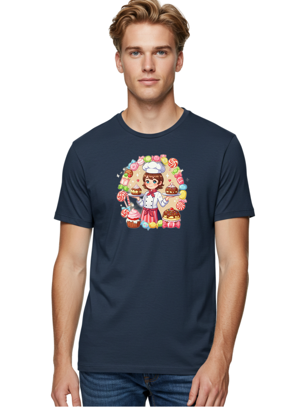 Candy-Baker Men'S Graphic Tee, 100% Cotton, Comfortable Casual Summer Wear, Machine Washable, Cartoon Chef, Cute Baker, Sweet Treats, Desserts, Cupcakes, Cakes, Candy, Lollipops, Pastry Chef, Baked Goods, Confectionery Bab707