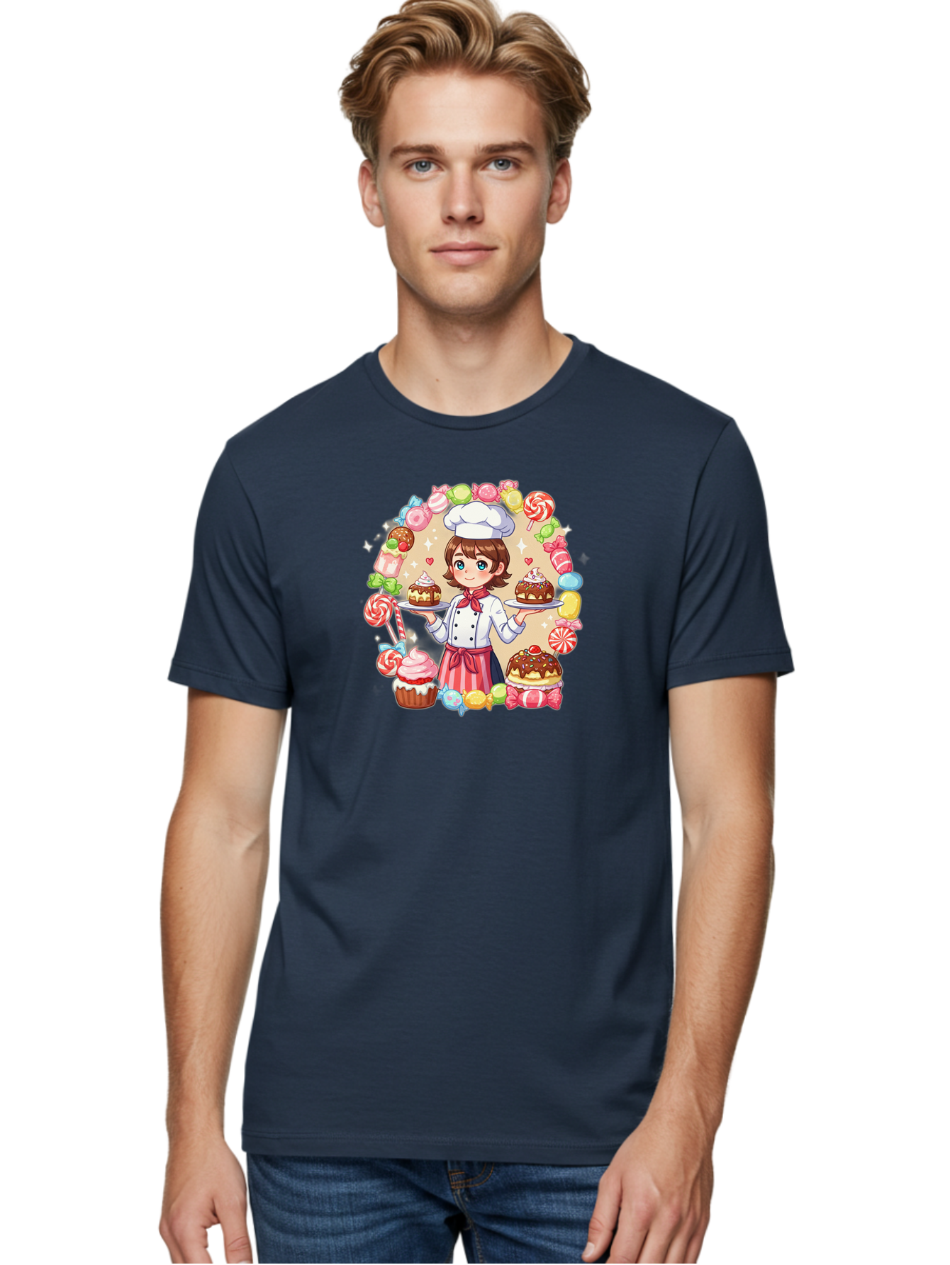 Candy-Baker Men'S Graphic Tee, 100% Cotton, Comfortable Casual Summer Wear, Machine Washable, Cartoon Chef, Cute Baker, Sweet Treats, Desserts, Cupcakes, Cakes, Candy, Lollipops, Pastry Chef, Baked Goods, Confectionery Bab707