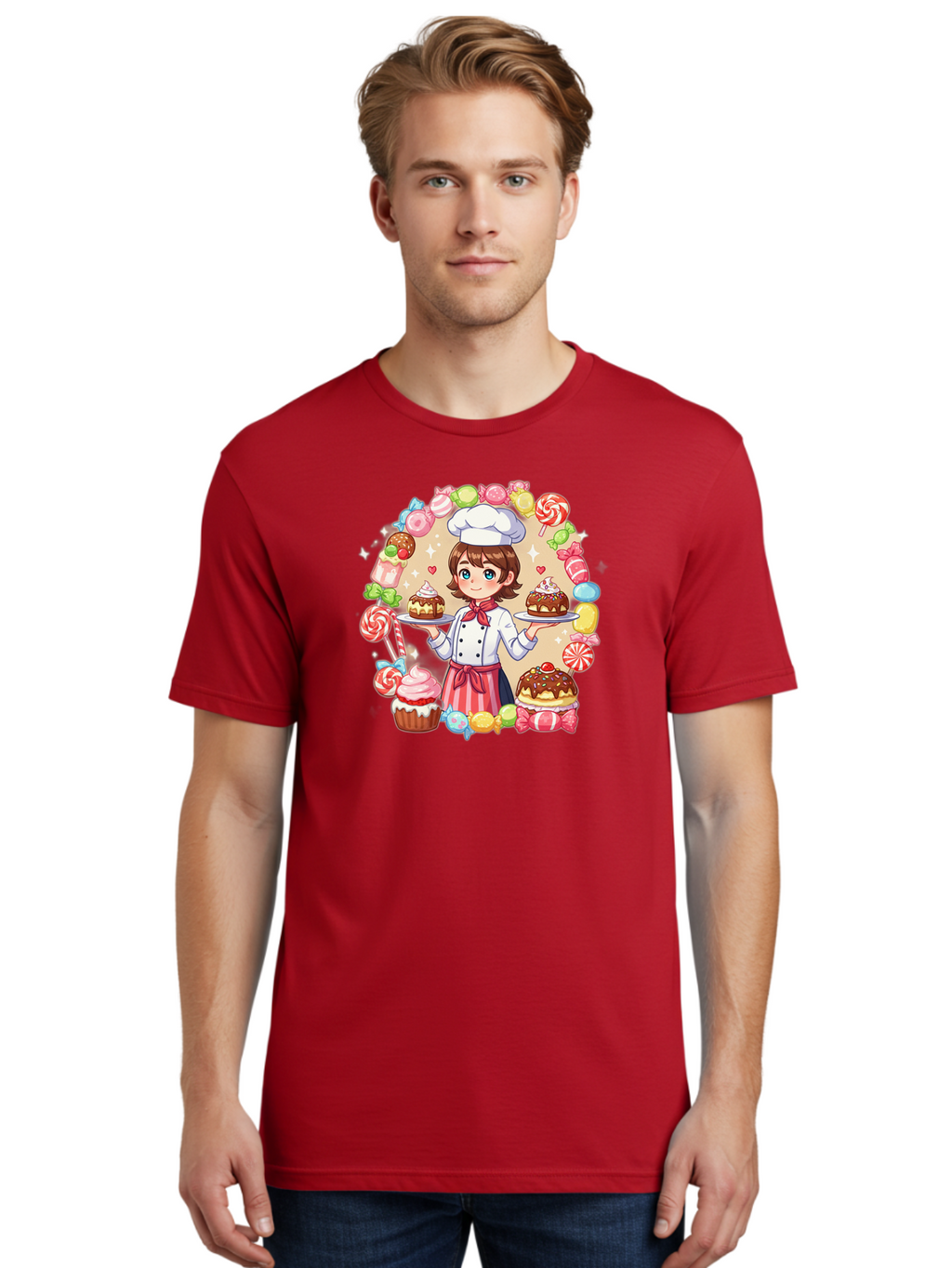 Candy-Baker Men'S Graphic Tee, 100% Cotton, Comfortable Casual Summer Wear, Machine Washable, Cartoon Chef, Cute Baker, Sweet Treats, Desserts, Cupcakes, Cakes, Candy, Lollipops, Pastry Chef, Baked Goods, Confectionery Bab707