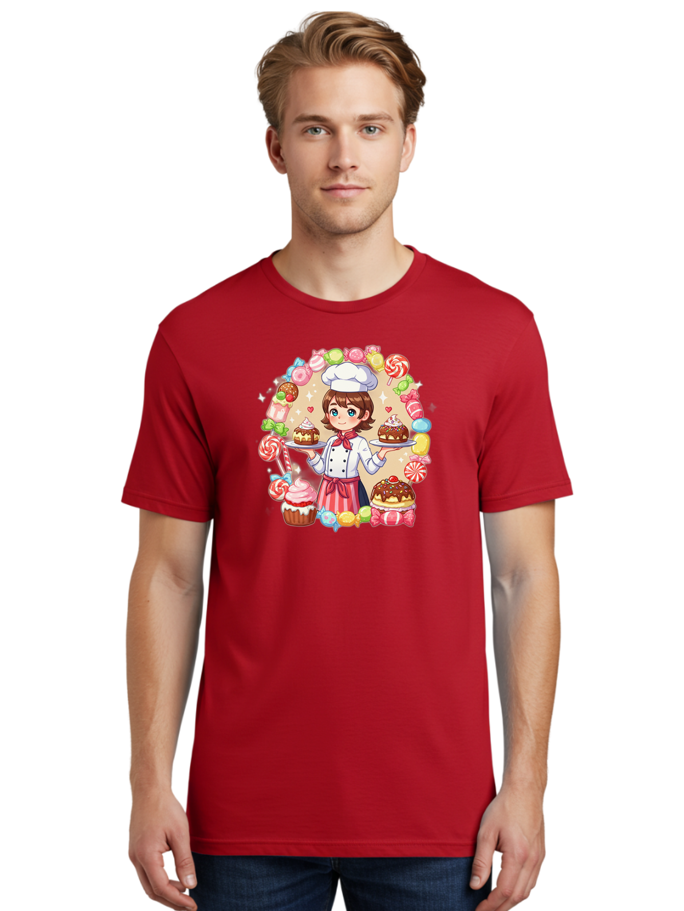 Candy-Baker Men'S Graphic Tee, 100% Cotton, Comfortable Casual Summer Wear, Machine Washable, Cartoon Chef, Cute Baker, Sweet Treats, Desserts, Cupcakes, Cakes, Candy, Lollipops, Pastry Chef, Baked Goods, Confectionery Bab707
