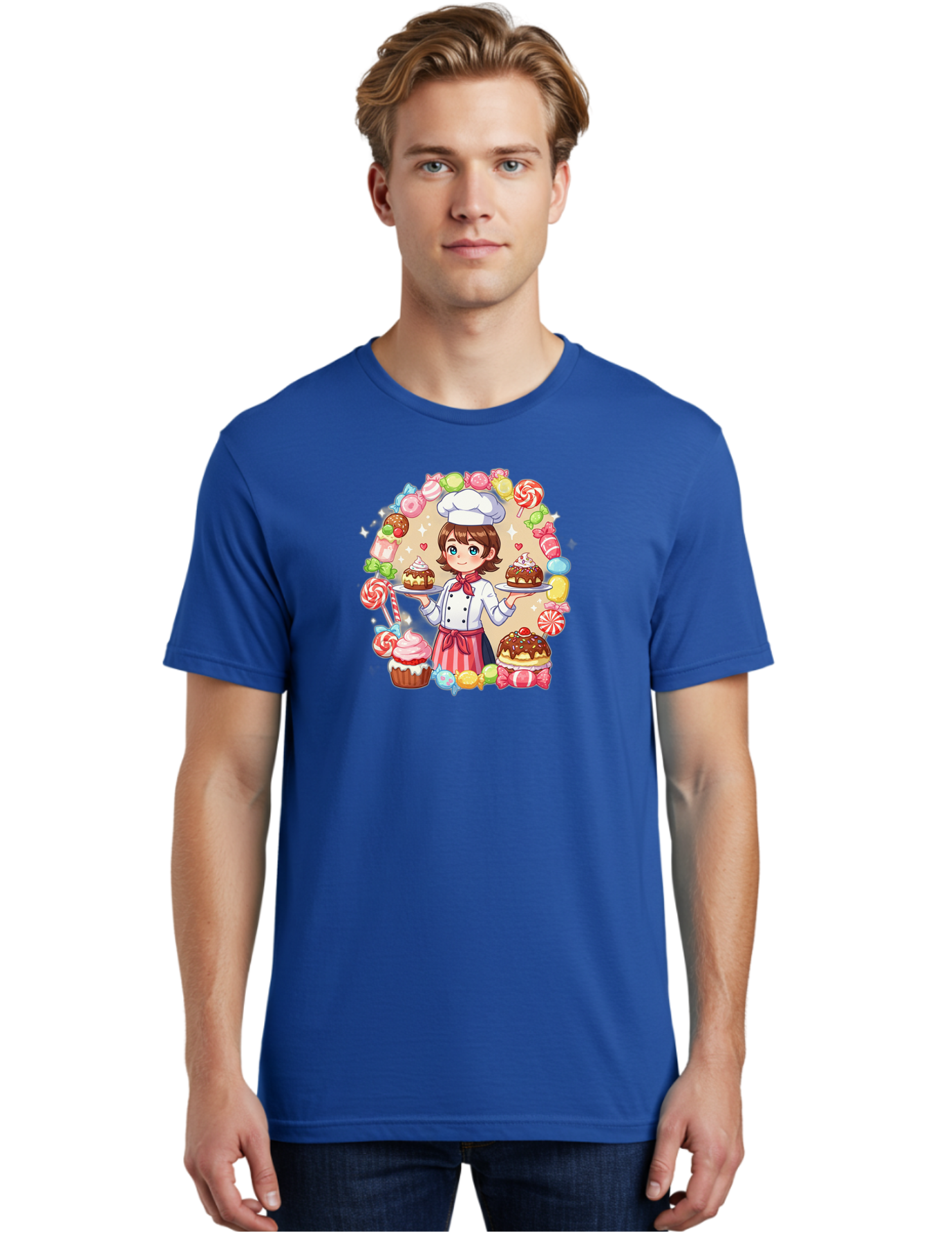 Candy-Baker Men'S Graphic Tee, 100% Cotton, Comfortable Casual Summer Wear, Machine Washable, Cartoon Chef, Cute Baker, Sweet Treats, Desserts, Cupcakes, Cakes, Candy, Lollipops, Pastry Chef, Baked Goods, Confectionery Bab707