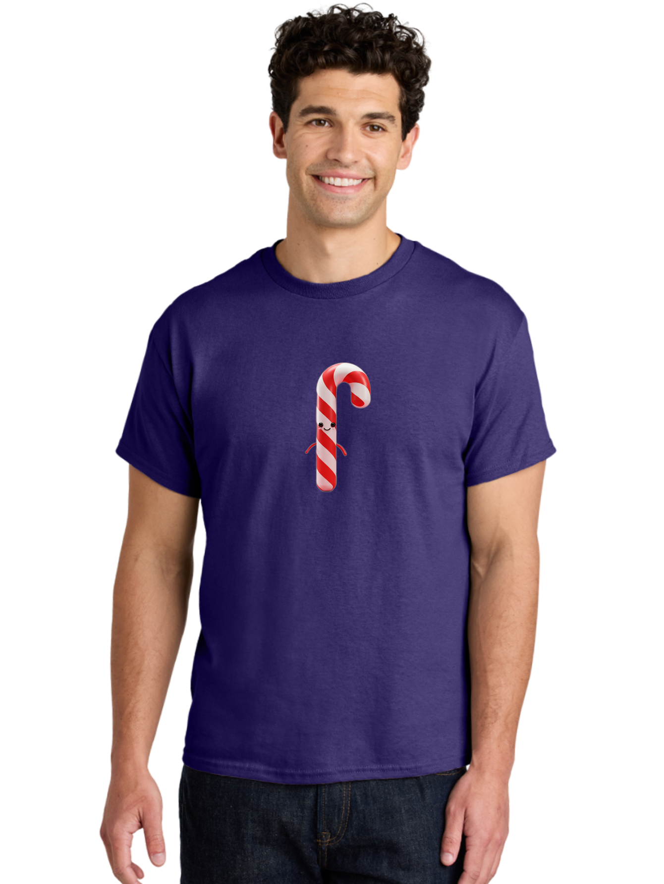 Candy-Cane-Character Men'S Graphic Tee, 100% Cotton, Comfortable Casual Summer Wear, Machine Washable, Red And White Candy Cane, Cartoon Character, Festive Holiday Treat, Sweet Indulgence, Cheerful Smile, Adorable Arms, Christmas Delight Bab708