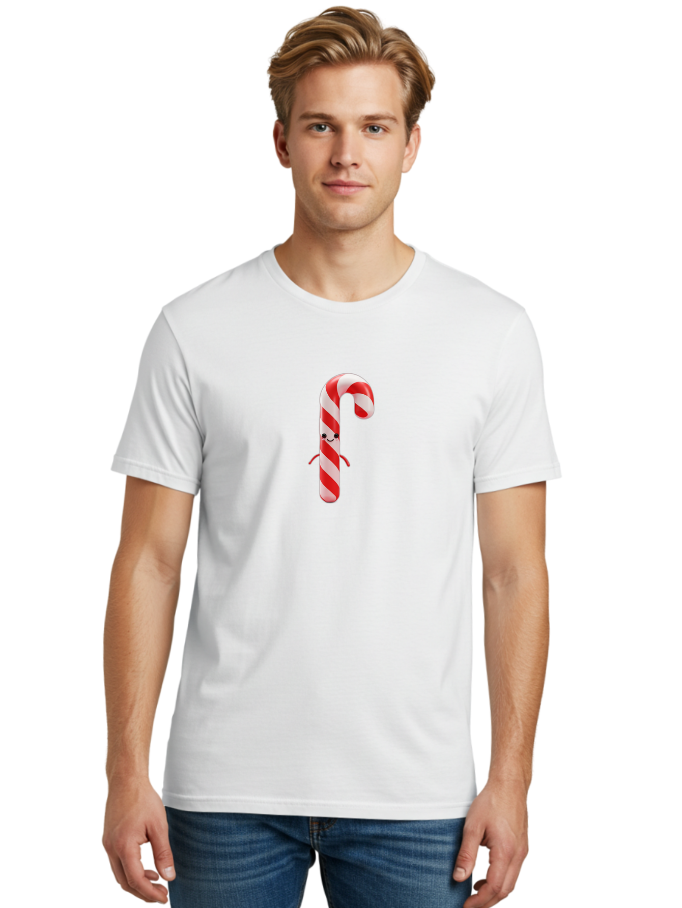 Candy-Cane-Character Men'S Graphic Tee, 100% Cotton, Comfortable Casual Summer Wear, Machine Washable, Red And White Candy Cane, Cartoon Character, Festive Holiday Treat, Sweet Indulgence, Cheerful Smile, Adorable Arms, Christmas Delight Bab708