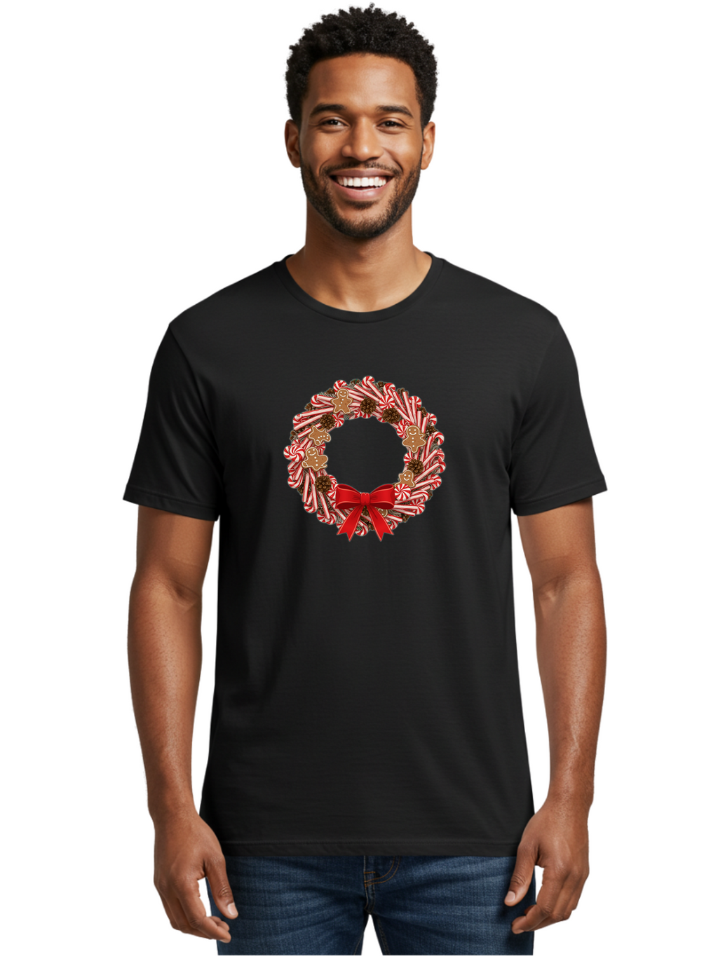 Candy-Cane-Wreath Men'S Graphic Tee, 100% Cotton, Comfortable Casual Summer Wear, Machine Washable, Candy Cane Wreath, Christmas Decoration, Holiday Decor, Red And White Striped Candy Canes, Gingerbread Men, Festive Atmosphere, Bab709