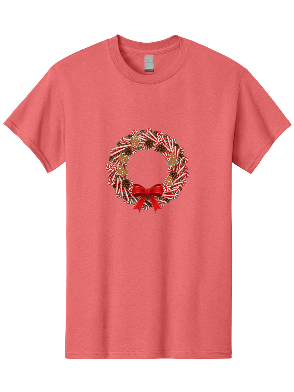 Candy-Cane-Wreath Men'S Graphic Tee, 100% Cotton, Comfortable Casual Summer Wear, Machine Washable, Candy Cane Wreath, Christmas Decoration, Holiday Decor, Red And White Striped Candy Canes, Gingerbread Men, Festive Atmosphere, Bab709