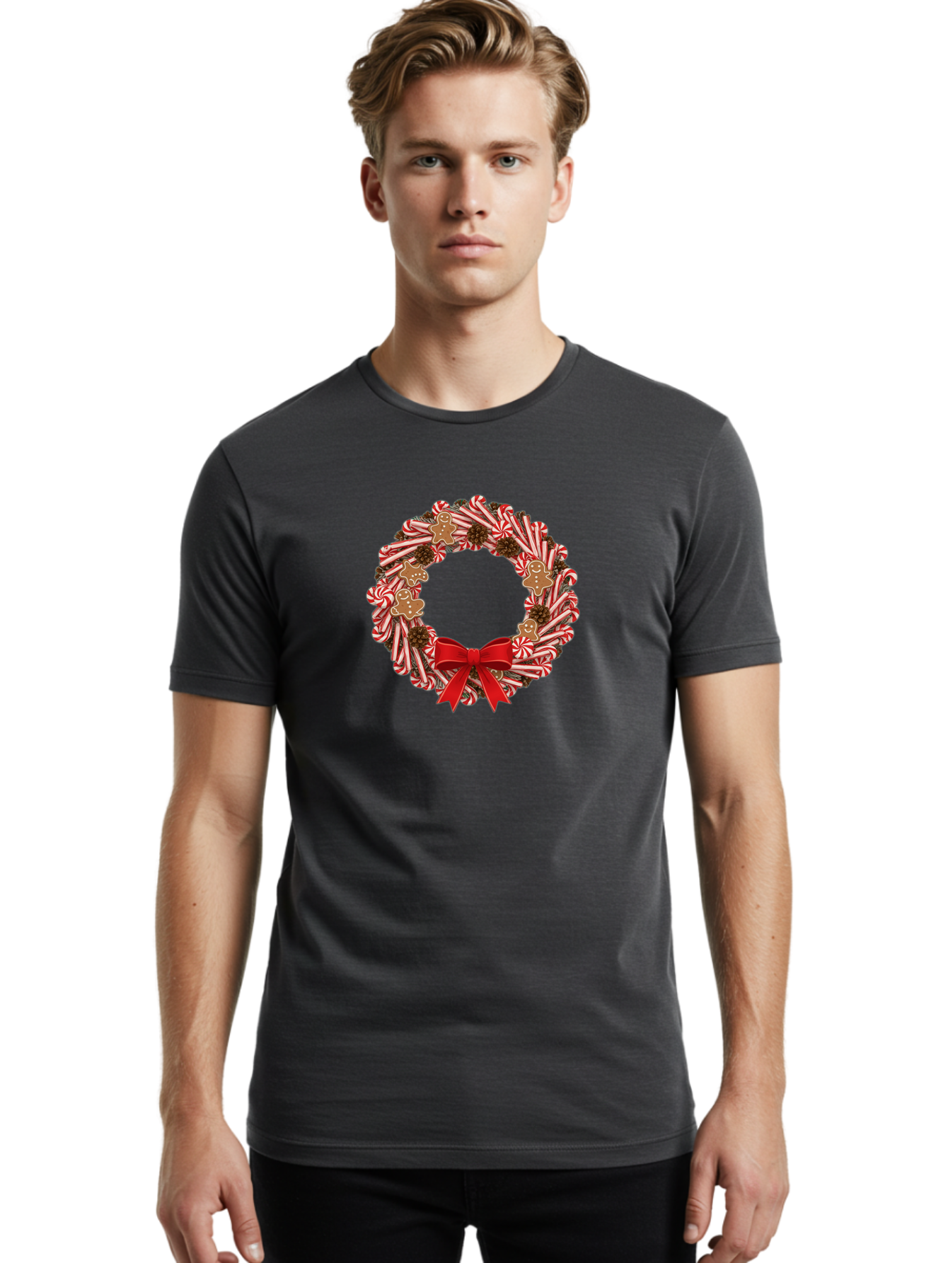 Candy-Cane-Wreath Men'S Graphic Tee, 100% Cotton, Comfortable Casual Summer Wear, Machine Washable, Candy Cane Wreath, Christmas Decoration, Holiday Decor, Red And White Striped Candy Canes, Gingerbread Men, Festive Atmosphere, Bab709