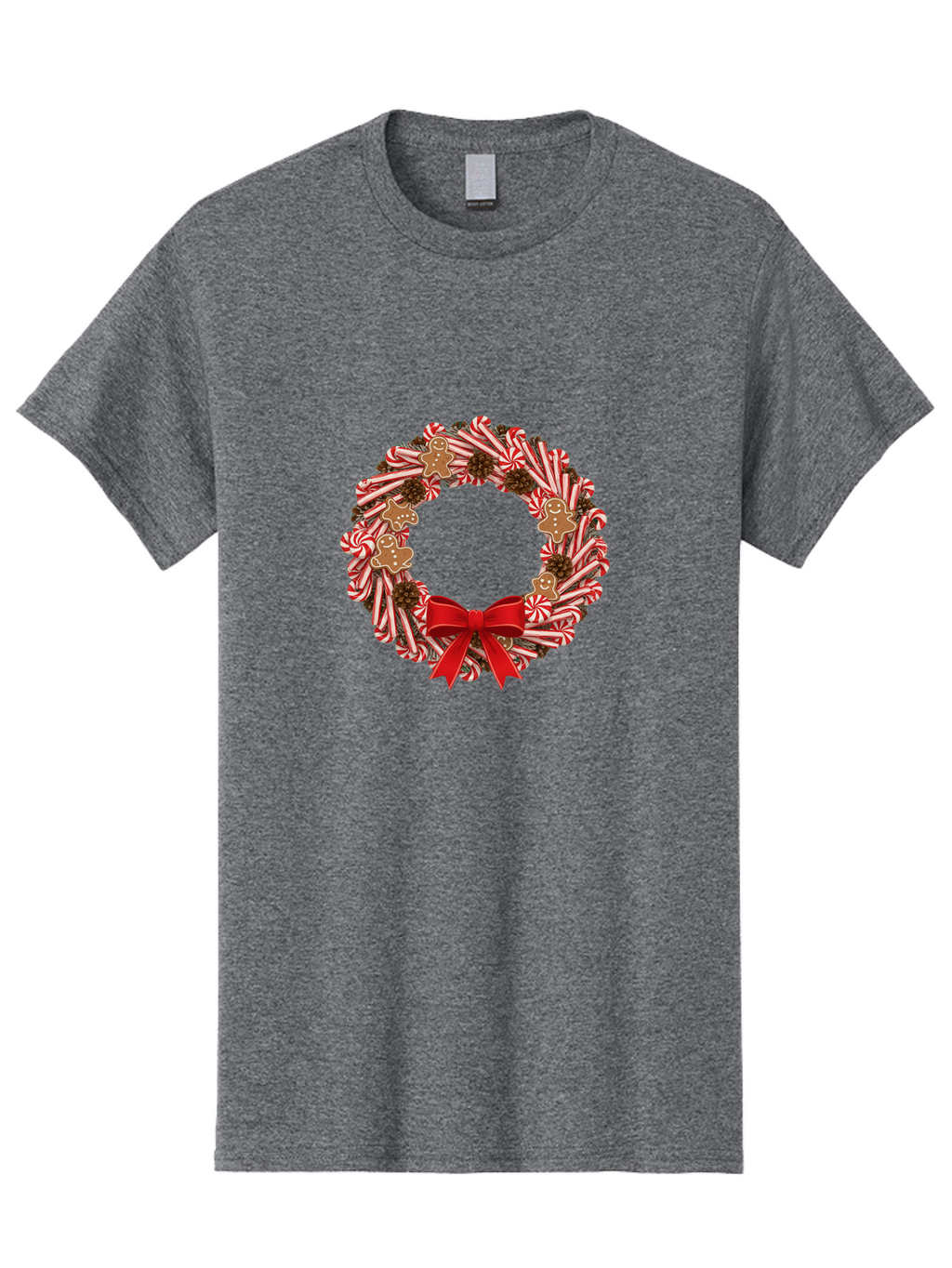 Candy-Cane-Wreath Men'S Graphic Tee, 100% Cotton, Comfortable Casual Summer Wear, Machine Washable, Candy Cane Wreath, Christmas Decoration, Holiday Decor, Red And White Striped Candy Canes, Gingerbread Men, Festive Atmosphere, Bab709