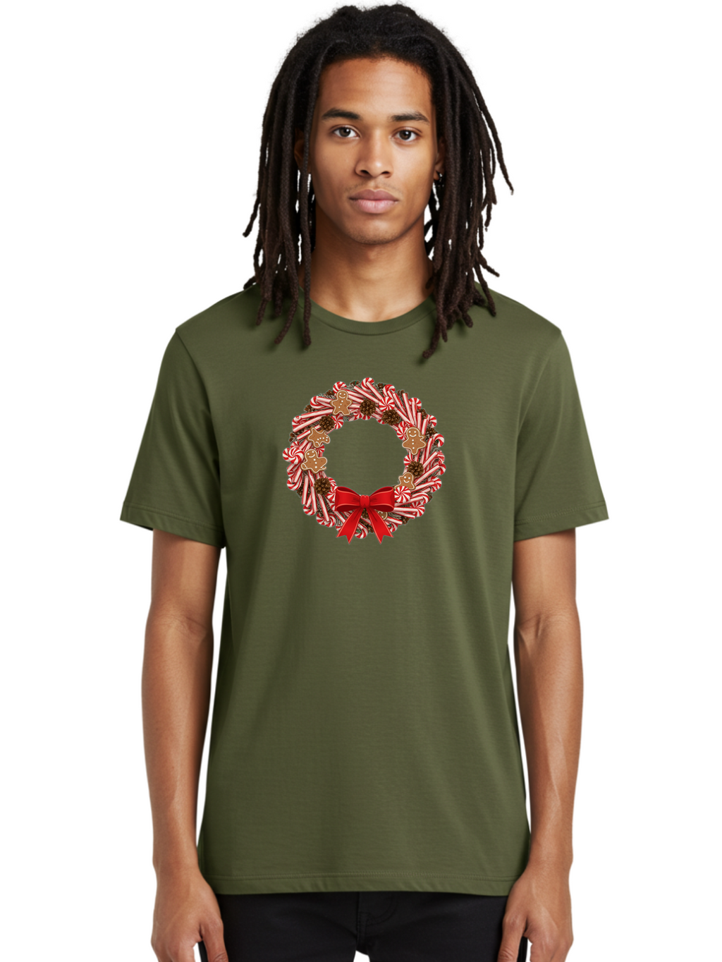 Candy-Cane-Wreath Men'S Graphic Tee, 100% Cotton, Comfortable Casual Summer Wear, Machine Washable, Candy Cane Wreath, Christmas Decoration, Holiday Decor, Red And White Striped Candy Canes, Gingerbread Men, Festive Atmosphere, Bab709