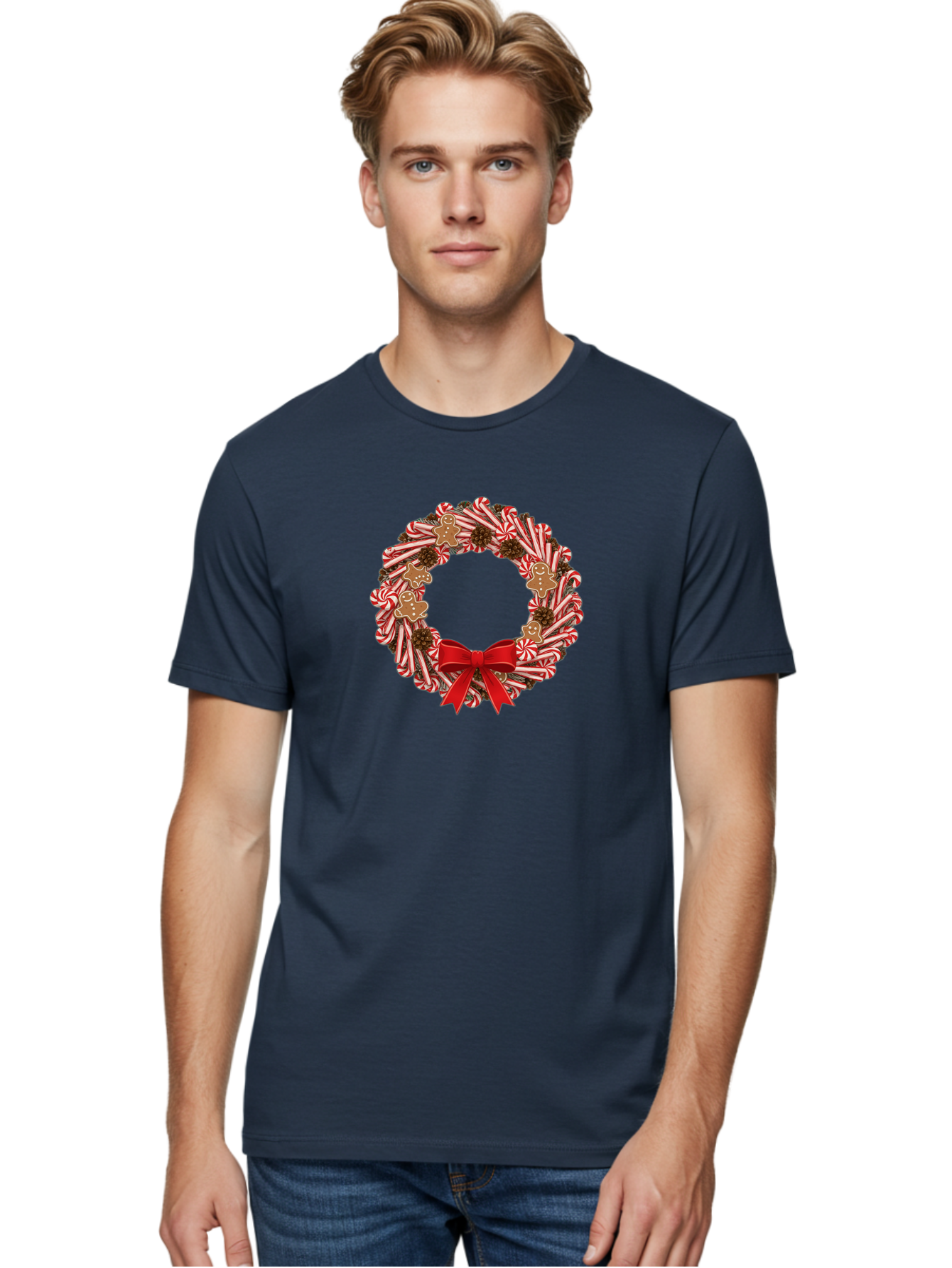 Candy-Cane-Wreath Men'S Graphic Tee, 100% Cotton, Comfortable Casual Summer Wear, Machine Washable, Candy Cane Wreath, Christmas Decoration, Holiday Decor, Red And White Striped Candy Canes, Gingerbread Men, Festive Atmosphere, Bab709