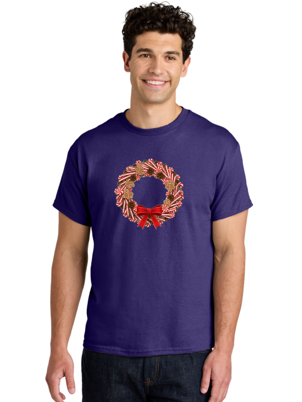 Candy-Cane-Wreath Men'S Graphic Tee, 100% Cotton, Comfortable Casual Summer Wear, Machine Washable, Candy Cane Wreath, Christmas Decoration, Holiday Decor, Red And White Striped Candy Canes, Gingerbread Men, Festive Atmosphere, Bab709