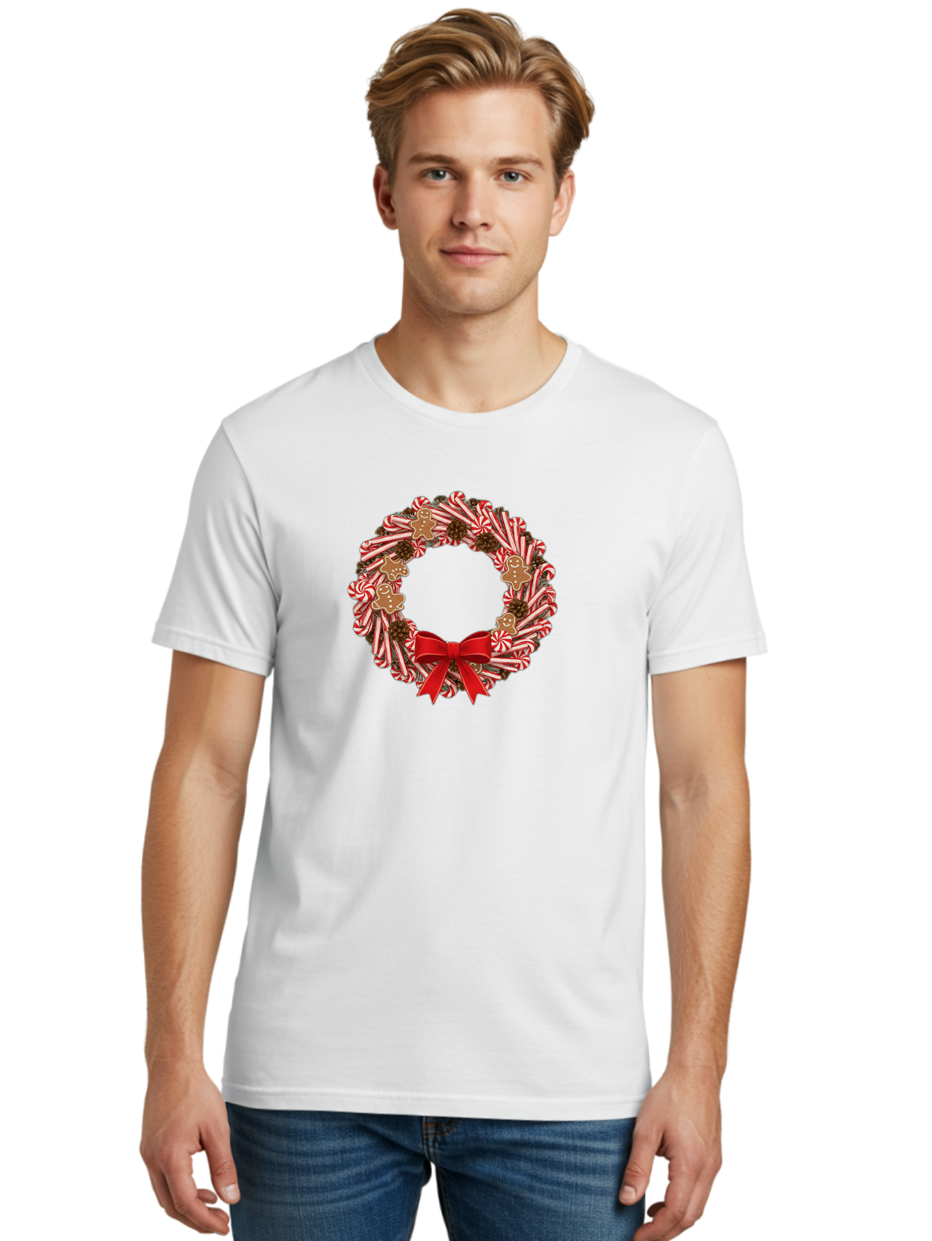 Candy-Cane-Wreath Men'S Graphic Tee, 100% Cotton, Comfortable Casual Summer Wear, Machine Washable, Candy Cane Wreath, Christmas Decoration, Holiday Decor, Red And White Striped Candy Canes, Gingerbread Men, Festive Atmosphere, Bab709