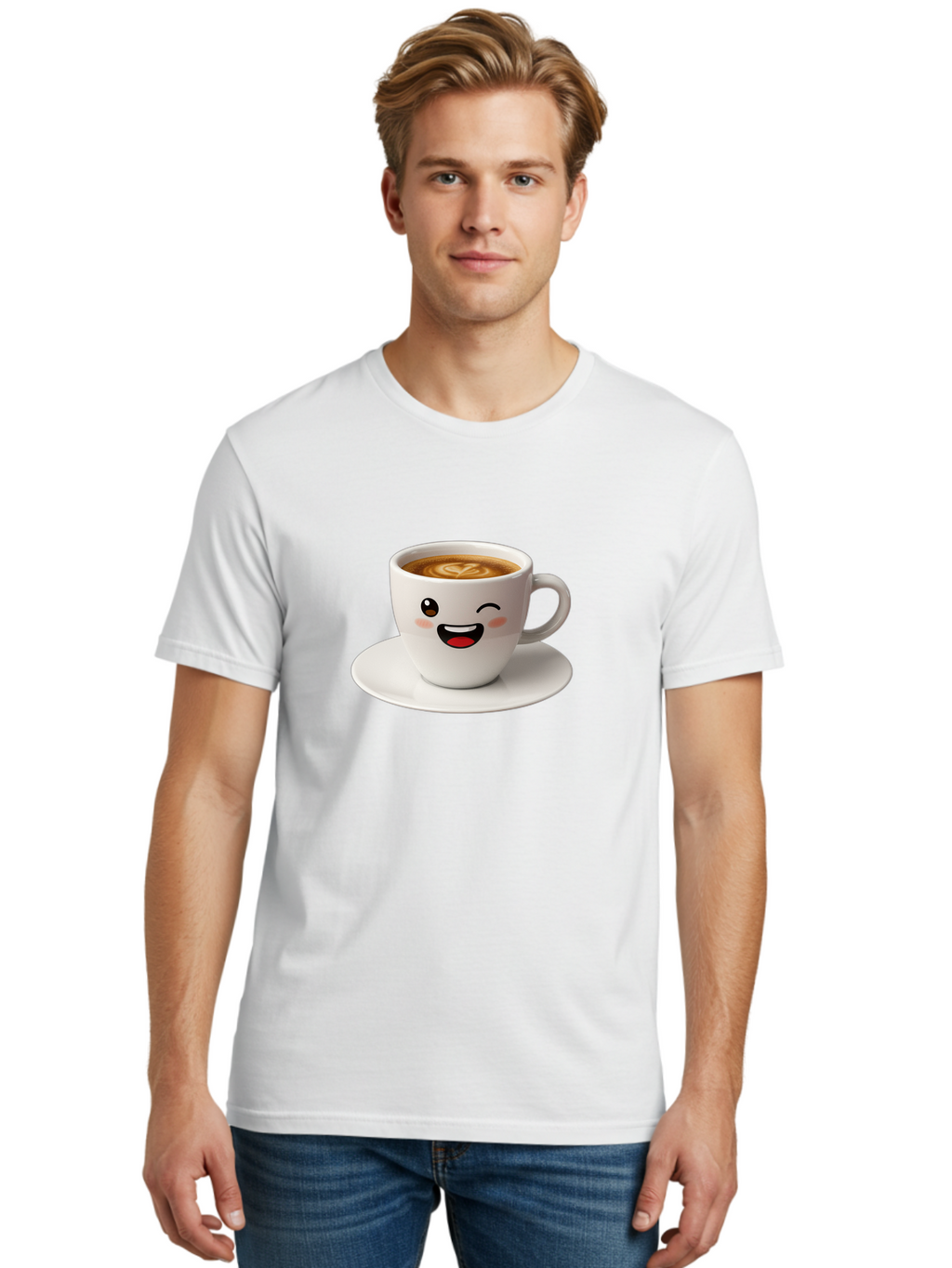 Cappuccino-Cup Men'S Graphic Tee, 100% Cotton, Comfortable Casual Summer Wear, Machine Washable, Coffee Cup With Face, Cartoon Coffee, Latte Art, Happy Face, Smiling Cup, Coffee Culture, Morning Coffee, Cafe Vibes, Warm Beverage Bab710