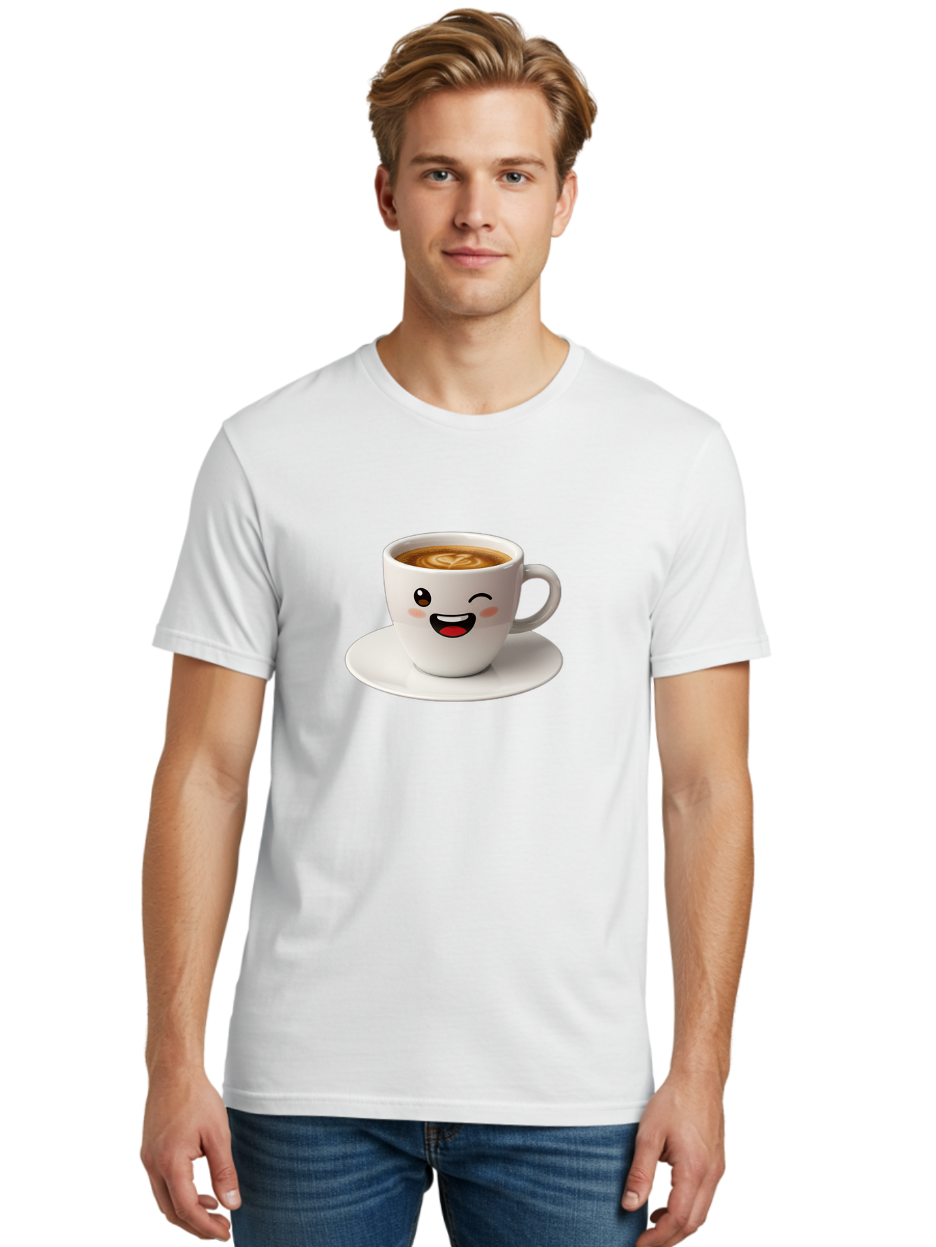 Cappuccino-Cup Men'S Graphic Tee, 100% Cotton, Comfortable Casual Summer Wear, Machine Washable, Coffee Cup With Face, Cartoon Coffee, Latte Art, Happy Face, Smiling Cup, Coffee Culture, Morning Coffee, Cafe Vibes, Warm Beverage Bab710