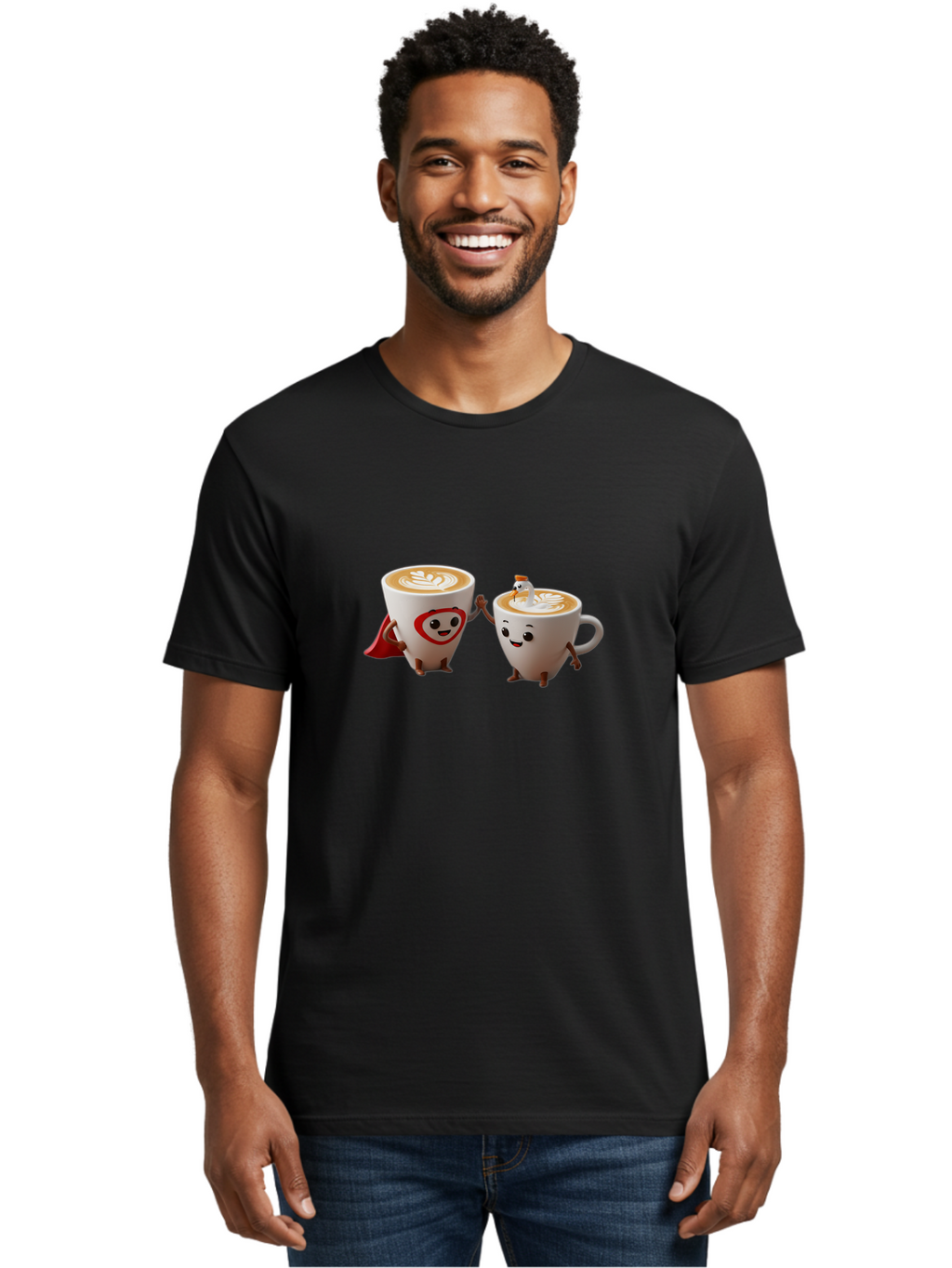 Cappuccino-Friends Men'S Graphic Tee, 100% Cotton, Comfortable Casual Summer Wear, Machine Washable, Cartoon Coffee Cups, Anthropomorphic Coffee, Latte Art, Coffee Lovers, Friendly Cups, Holding Hands, Cute Characters, Cartoon Illustrations, Bab711