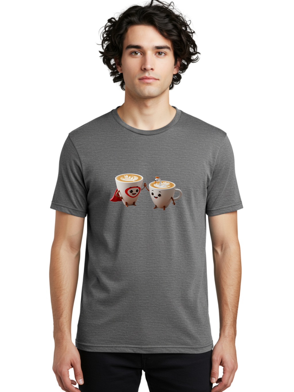 Cappuccino-Friends Men'S Graphic Tee, 100% Cotton, Comfortable Casual Summer Wear, Machine Washable, Cartoon Coffee Cups, Anthropomorphic Coffee, Latte Art, Coffee Lovers, Friendly Cups, Holding Hands, Cute Characters, Cartoon Illustrations, Bab711