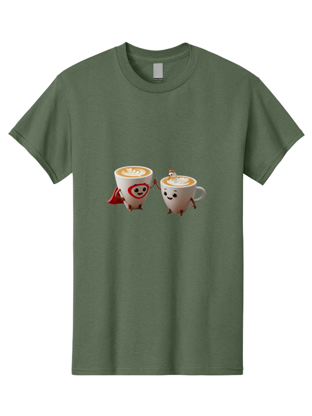 Cappuccino-Friends Men'S Graphic Tee, 100% Cotton, Comfortable Casual Summer Wear, Machine Washable, Cartoon Coffee Cups, Anthropomorphic Coffee, Latte Art, Coffee Lovers, Friendly Cups, Holding Hands, Cute Characters, Cartoon Illustrations, Bab711
