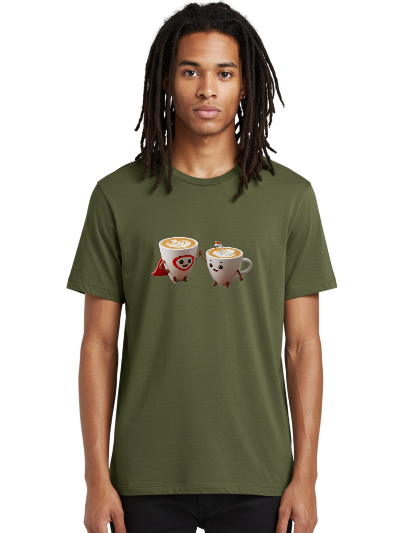 Cappuccino-Friends Men'S Graphic Tee, 100% Cotton, Comfortable Casual Summer Wear, Machine Washable, Cartoon Coffee Cups, Anthropomorphic Coffee, Latte Art, Coffee Lovers, Friendly Cups, Holding Hands, Cute Characters, Cartoon Illustrations, Bab711