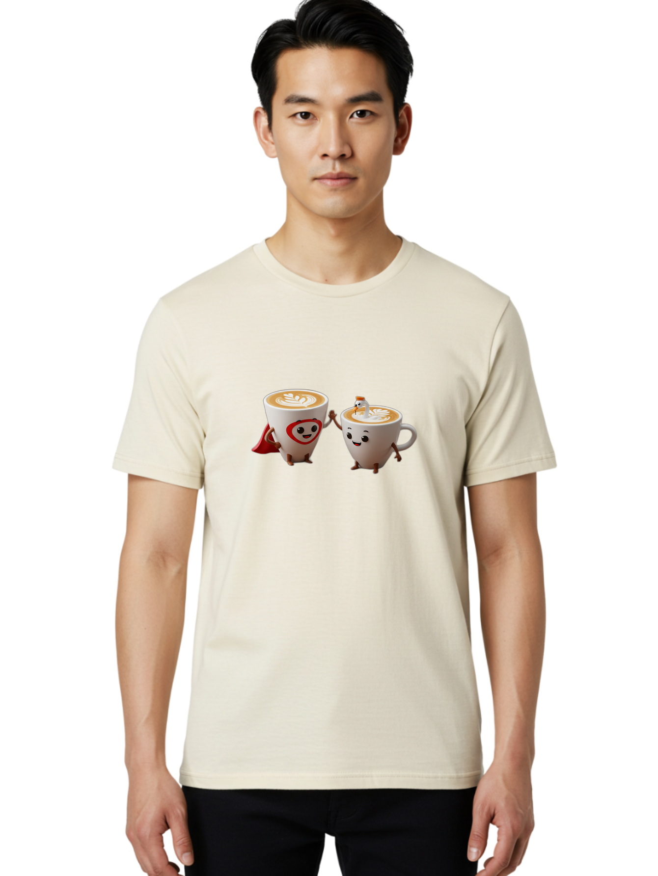 Cappuccino-Friends Men'S Graphic Tee, 100% Cotton, Comfortable Casual Summer Wear, Machine Washable, Cartoon Coffee Cups, Anthropomorphic Coffee, Latte Art, Coffee Lovers, Friendly Cups, Holding Hands, Cute Characters, Cartoon Illustrations, Bab711