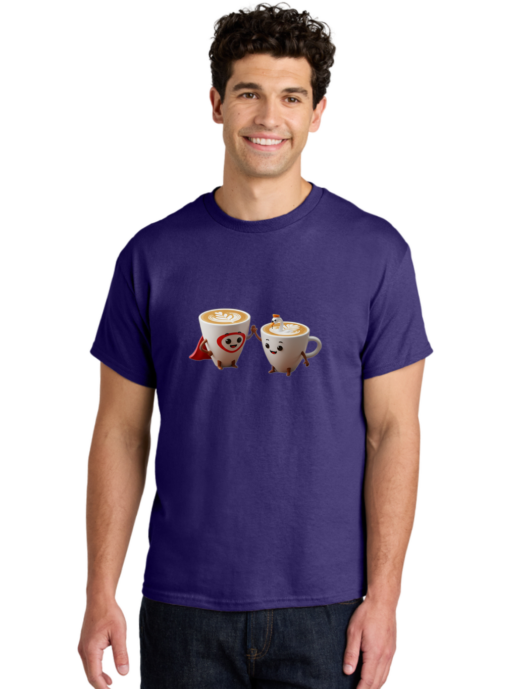 Cappuccino-Friends Men'S Graphic Tee, 100% Cotton, Comfortable Casual Summer Wear, Machine Washable, Cartoon Coffee Cups, Anthropomorphic Coffee, Latte Art, Coffee Lovers, Friendly Cups, Holding Hands, Cute Characters, Cartoon Illustrations, Bab711