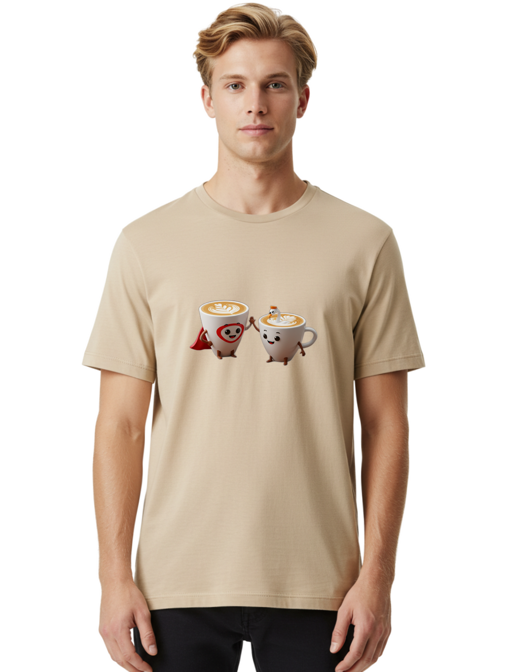 Cappuccino-Friends Men'S Graphic Tee, 100% Cotton, Comfortable Casual Summer Wear, Machine Washable, Cartoon Coffee Cups, Anthropomorphic Coffee, Latte Art, Coffee Lovers, Friendly Cups, Holding Hands, Cute Characters, Cartoon Illustrations, Bab711