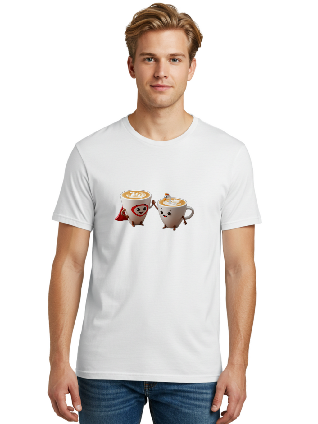 Cappuccino-Friends Men'S Graphic Tee, 100% Cotton, Comfortable Casual Summer Wear, Machine Washable, Cartoon Coffee Cups, Anthropomorphic Coffee, Latte Art, Coffee Lovers, Friendly Cups, Holding Hands, Cute Characters, Cartoon Illustrations, Bab711
