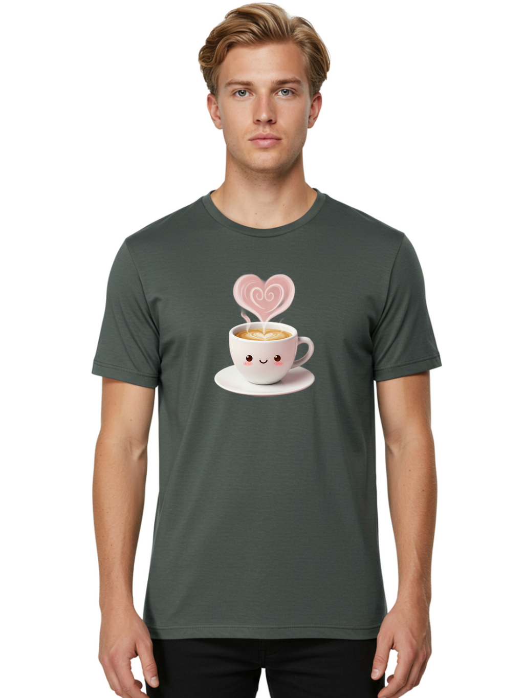 Cappuccino-Heart Men'S Graphic Tee, 100% Cotton, Comfortable Casual Summer Wear, Machine Washable, Cute Coffee Cup, Coffee Art, Heart Design, Steaming Hot Coffee, Coffee Lover, Latte Art, Morning Coffee, Happy Face, Coffee Break, Bab712
