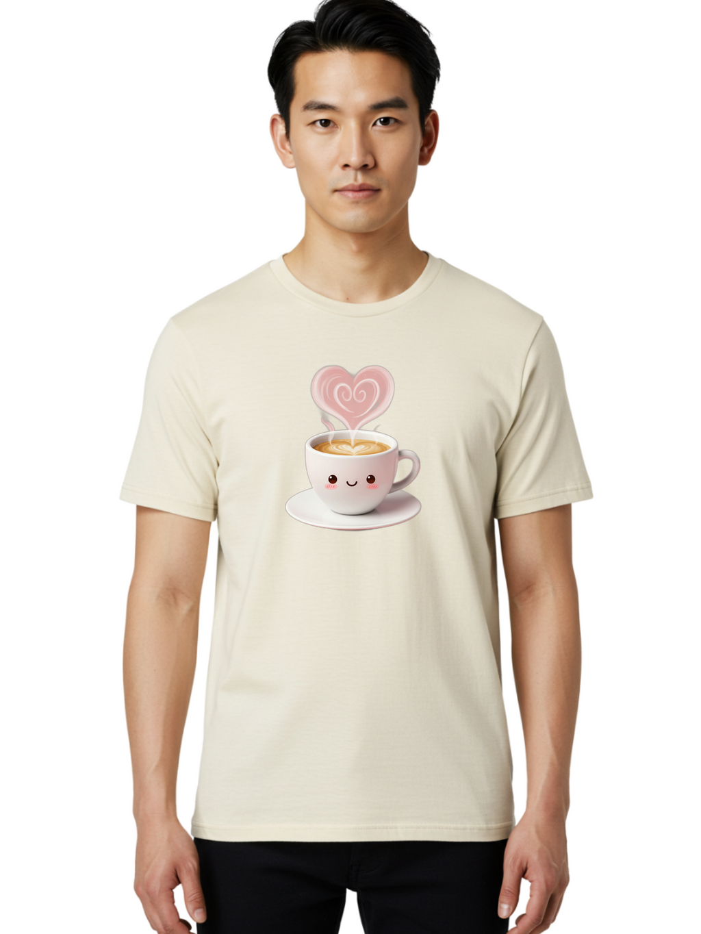 Cappuccino-Heart Men'S Graphic Tee, 100% Cotton, Comfortable Casual Summer Wear, Machine Washable, Cute Coffee Cup, Coffee Art, Heart Design, Steaming Hot Coffee, Coffee Lover, Latte Art, Morning Coffee, Happy Face, Coffee Break, Bab712