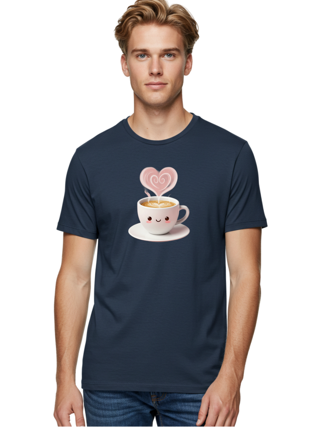 Cappuccino-Heart Men'S Graphic Tee, 100% Cotton, Comfortable Casual Summer Wear, Machine Washable, Cute Coffee Cup, Coffee Art, Heart Design, Steaming Hot Coffee, Coffee Lover, Latte Art, Morning Coffee, Happy Face, Coffee Break, Bab712