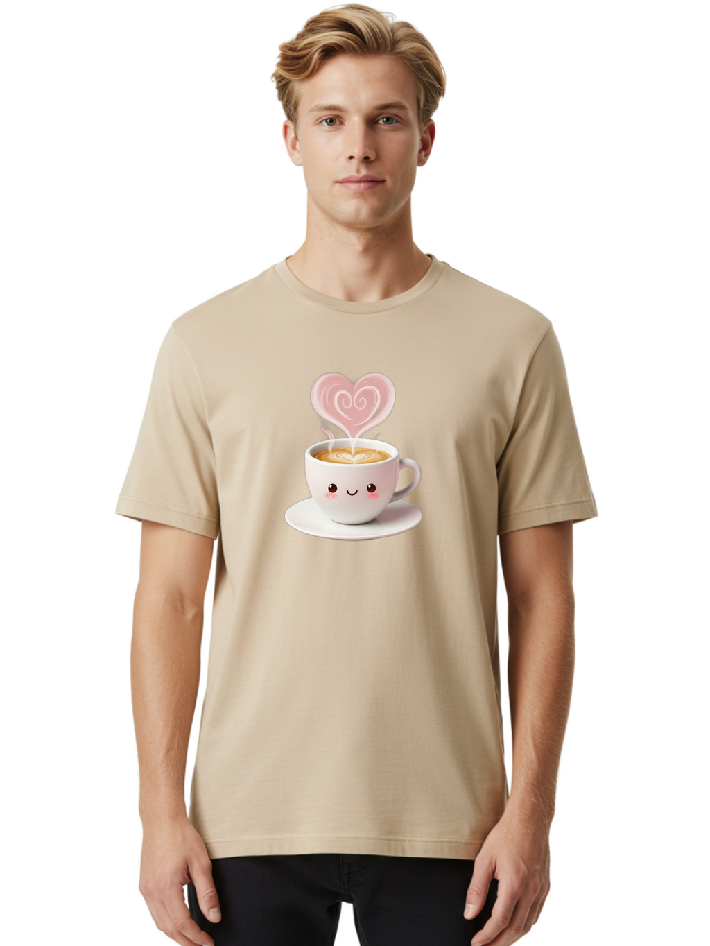 Cappuccino-Heart Men'S Graphic Tee, 100% Cotton, Comfortable Casual Summer Wear, Machine Washable, Cute Coffee Cup, Coffee Art, Heart Design, Steaming Hot Coffee, Coffee Lover, Latte Art, Morning Coffee, Happy Face, Coffee Break, Bab712