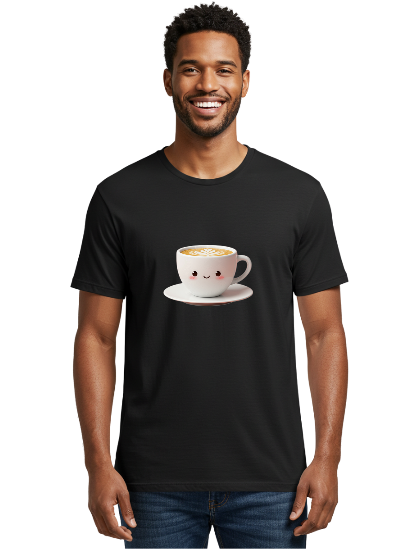 Cappuccino Men'S Graphic Tee, 100% Cotton, Comfortable Casual Summer Wear, Machine Washable, Cute Cartoon Coffee, Latte Art, Happy Face, Coffee Cup, Espresso Drink, Saucer, Adorable Character, Morning Pick-Me-Up, Coffee Break, Bab713