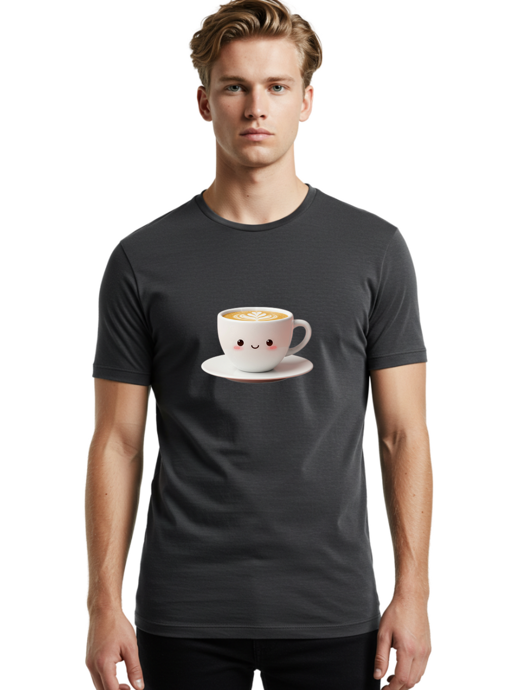 Cappuccino Men'S Graphic Tee, 100% Cotton, Comfortable Casual Summer Wear, Machine Washable, Cute Cartoon Coffee, Latte Art, Happy Face, Coffee Cup, Espresso Drink, Saucer, Adorable Character, Morning Pick-Me-Up, Coffee Break, Bab713