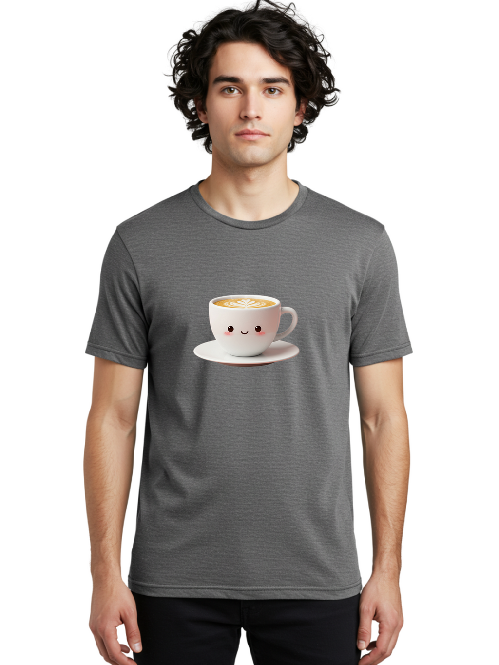 Cappuccino Men'S Graphic Tee, 100% Cotton, Comfortable Casual Summer Wear, Machine Washable, Cute Cartoon Coffee, Latte Art, Happy Face, Coffee Cup, Espresso Drink, Saucer, Adorable Character, Morning Pick-Me-Up, Coffee Break, Bab713