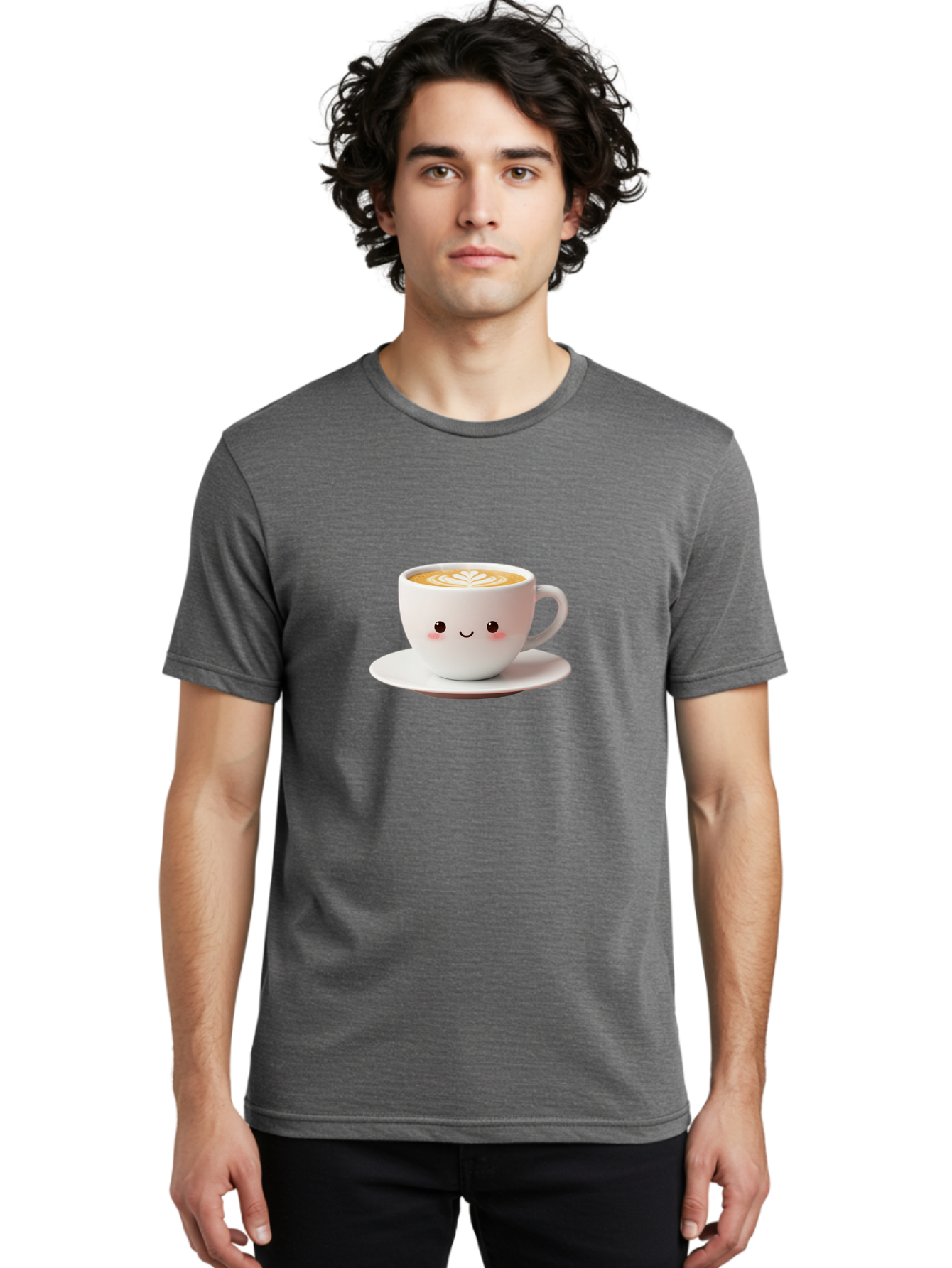 Cappuccino Men'S Graphic Tee, 100% Cotton, Comfortable Casual Summer Wear, Machine Washable, Cute Cartoon Coffee, Latte Art, Happy Face, Coffee Cup, Espresso Drink, Saucer, Adorable Character, Morning Pick-Me-Up, Coffee Break, Bab713