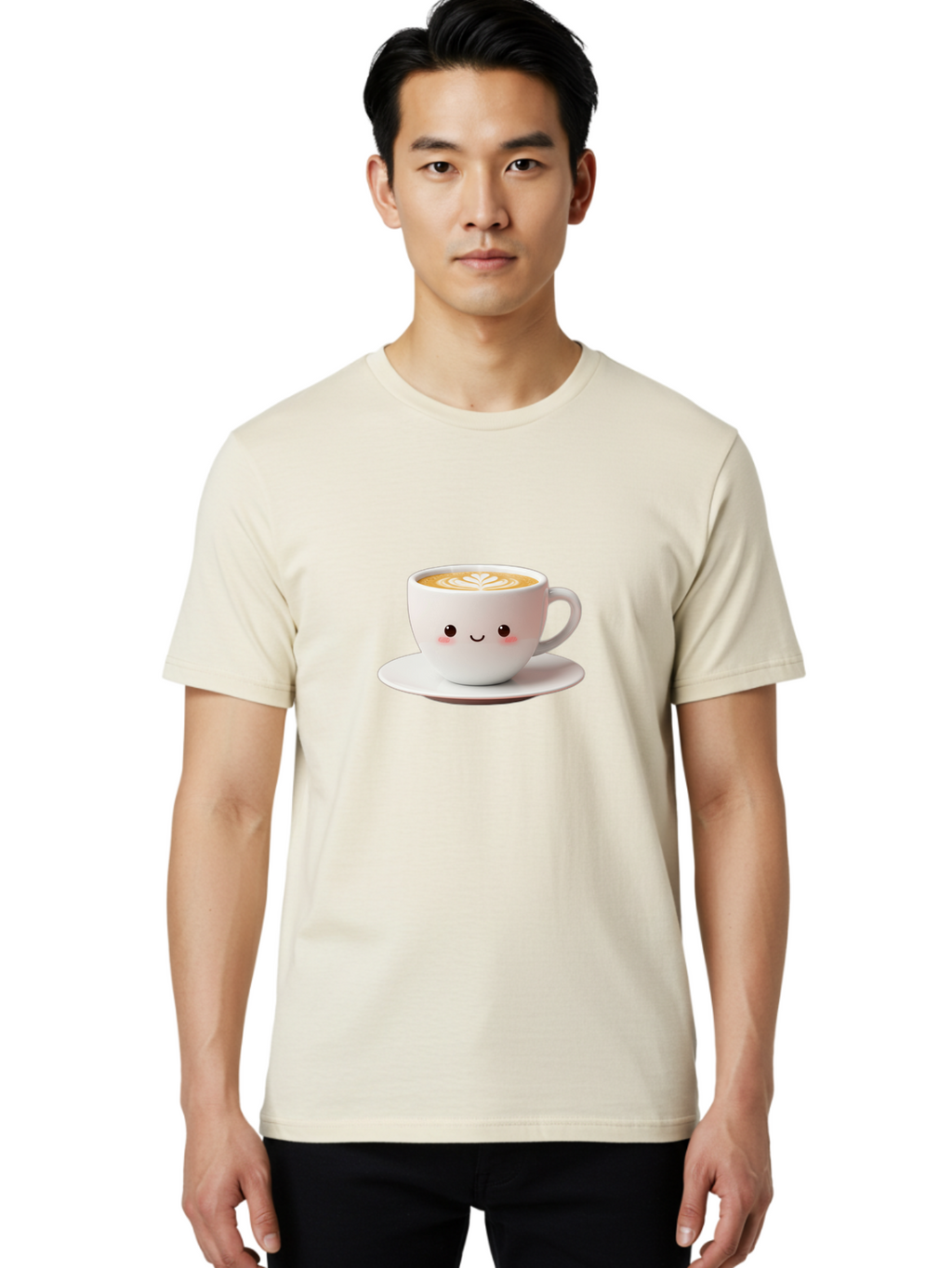 Cappuccino Men'S Graphic Tee, 100% Cotton, Comfortable Casual Summer Wear, Machine Washable, Cute Cartoon Coffee, Latte Art, Happy Face, Coffee Cup, Espresso Drink, Saucer, Adorable Character, Morning Pick-Me-Up, Coffee Break, Bab713