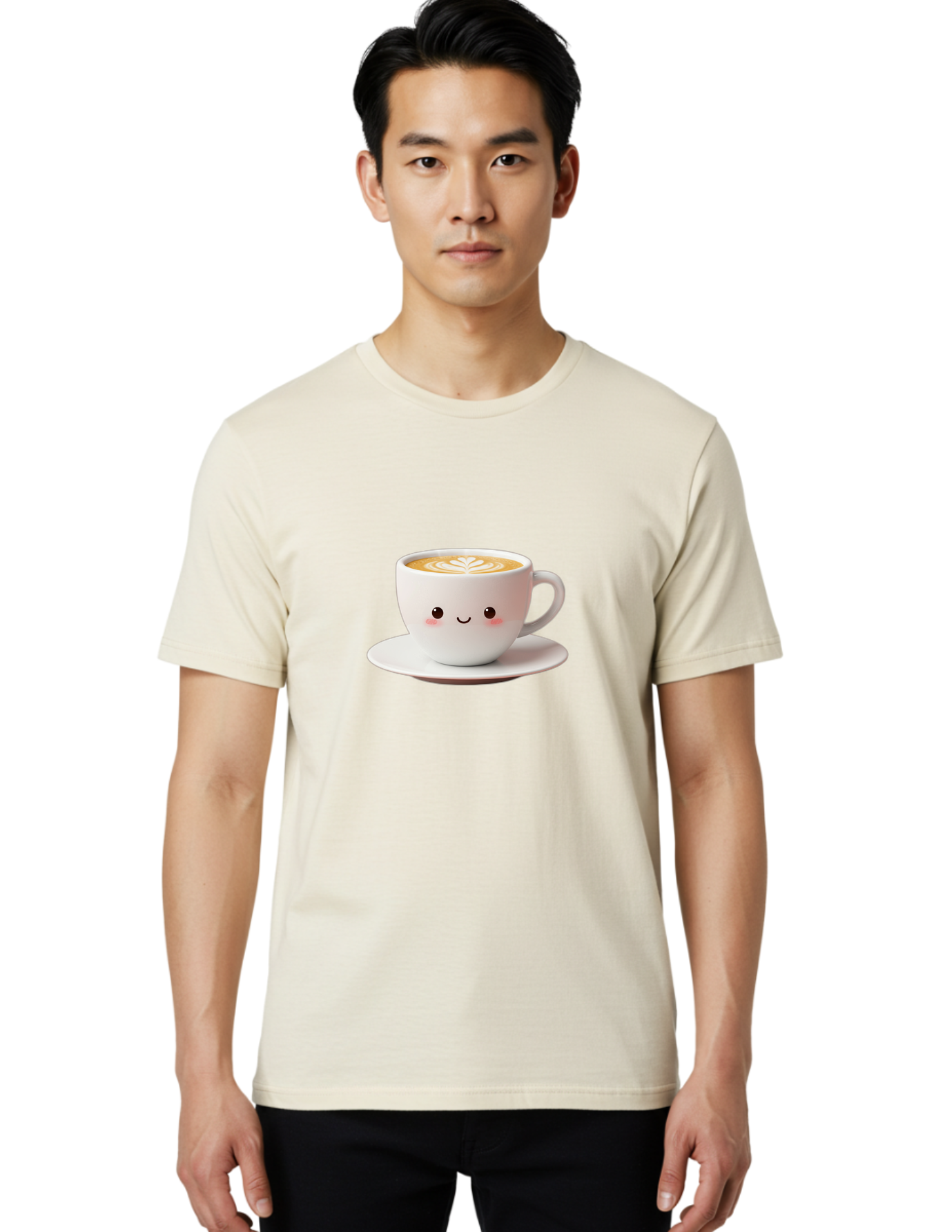 Cappuccino Men'S Graphic Tee, 100% Cotton, Comfortable Casual Summer Wear, Machine Washable, Cute Cartoon Coffee, Latte Art, Happy Face, Coffee Cup, Espresso Drink, Saucer, Adorable Character, Morning Pick-Me-Up, Coffee Break, Bab713
