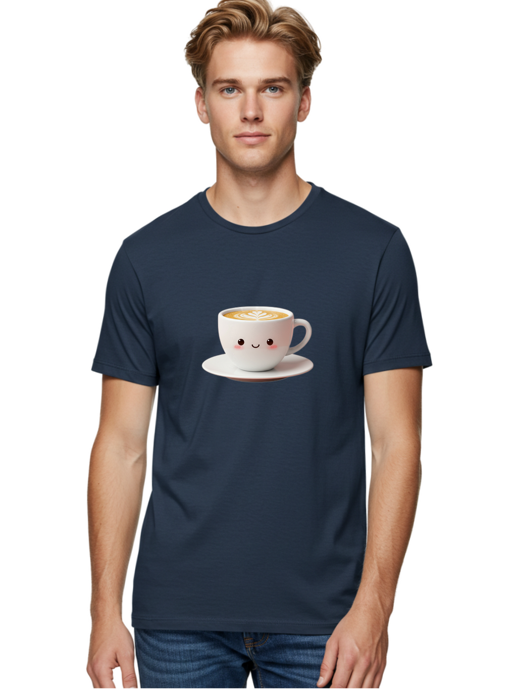 Cappuccino Men'S Graphic Tee, 100% Cotton, Comfortable Casual Summer Wear, Machine Washable, Cute Cartoon Coffee, Latte Art, Happy Face, Coffee Cup, Espresso Drink, Saucer, Adorable Character, Morning Pick-Me-Up, Coffee Break, Bab713
