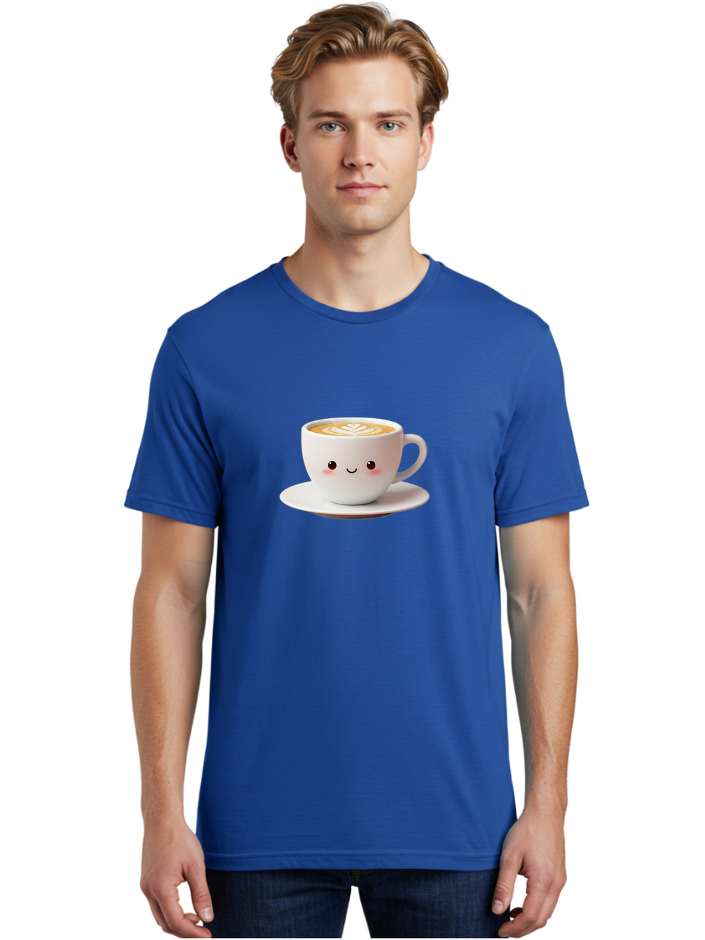 Cappuccino Men'S Graphic Tee, 100% Cotton, Comfortable Casual Summer Wear, Machine Washable, Cute Cartoon Coffee, Latte Art, Happy Face, Coffee Cup, Espresso Drink, Saucer, Adorable Character, Morning Pick-Me-Up, Coffee Break, Bab713