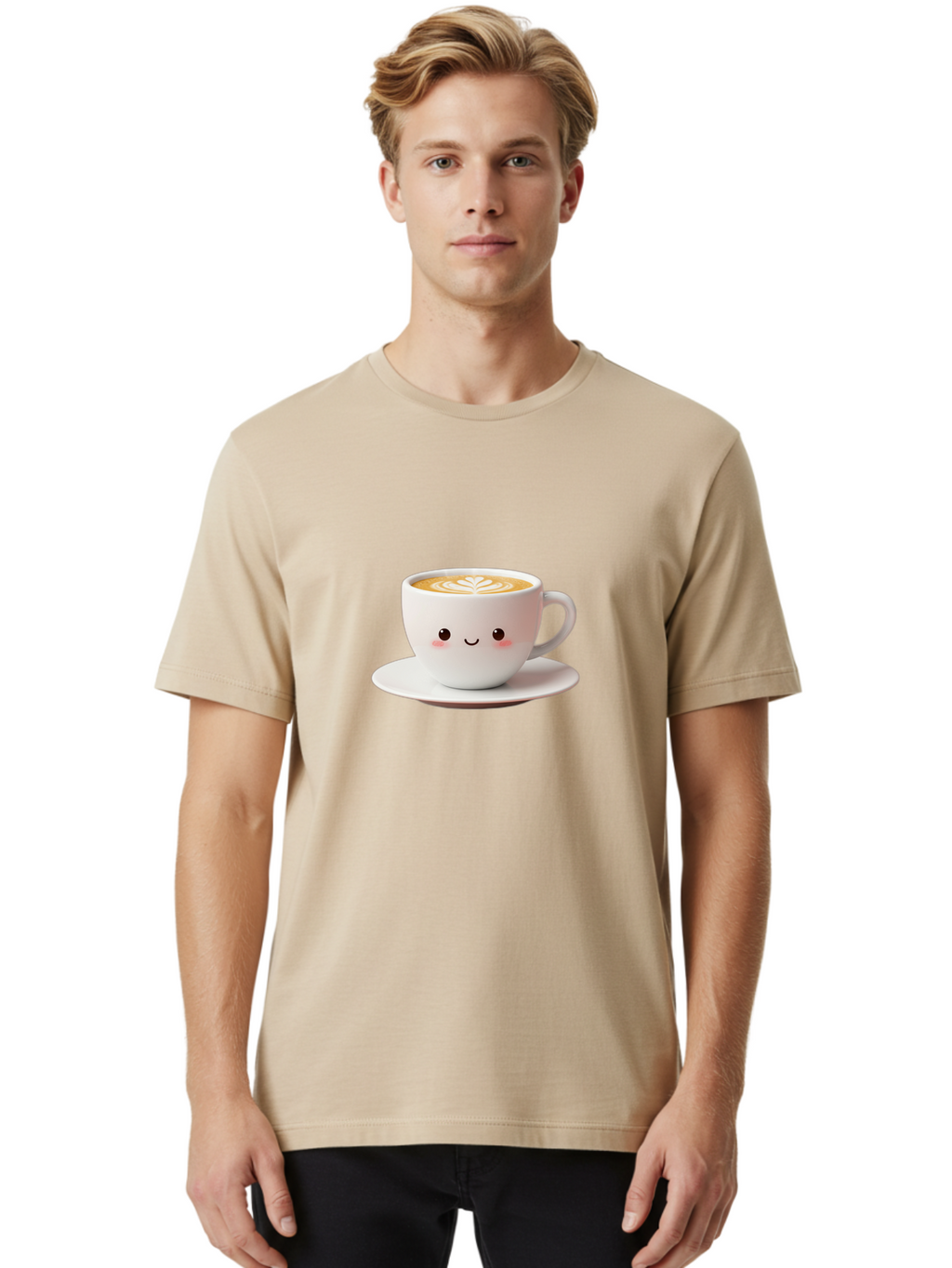 Cappuccino Men'S Graphic Tee, 100% Cotton, Comfortable Casual Summer Wear, Machine Washable, Cute Cartoon Coffee, Latte Art, Happy Face, Coffee Cup, Espresso Drink, Saucer, Adorable Character, Morning Pick-Me-Up, Coffee Break, Bab713