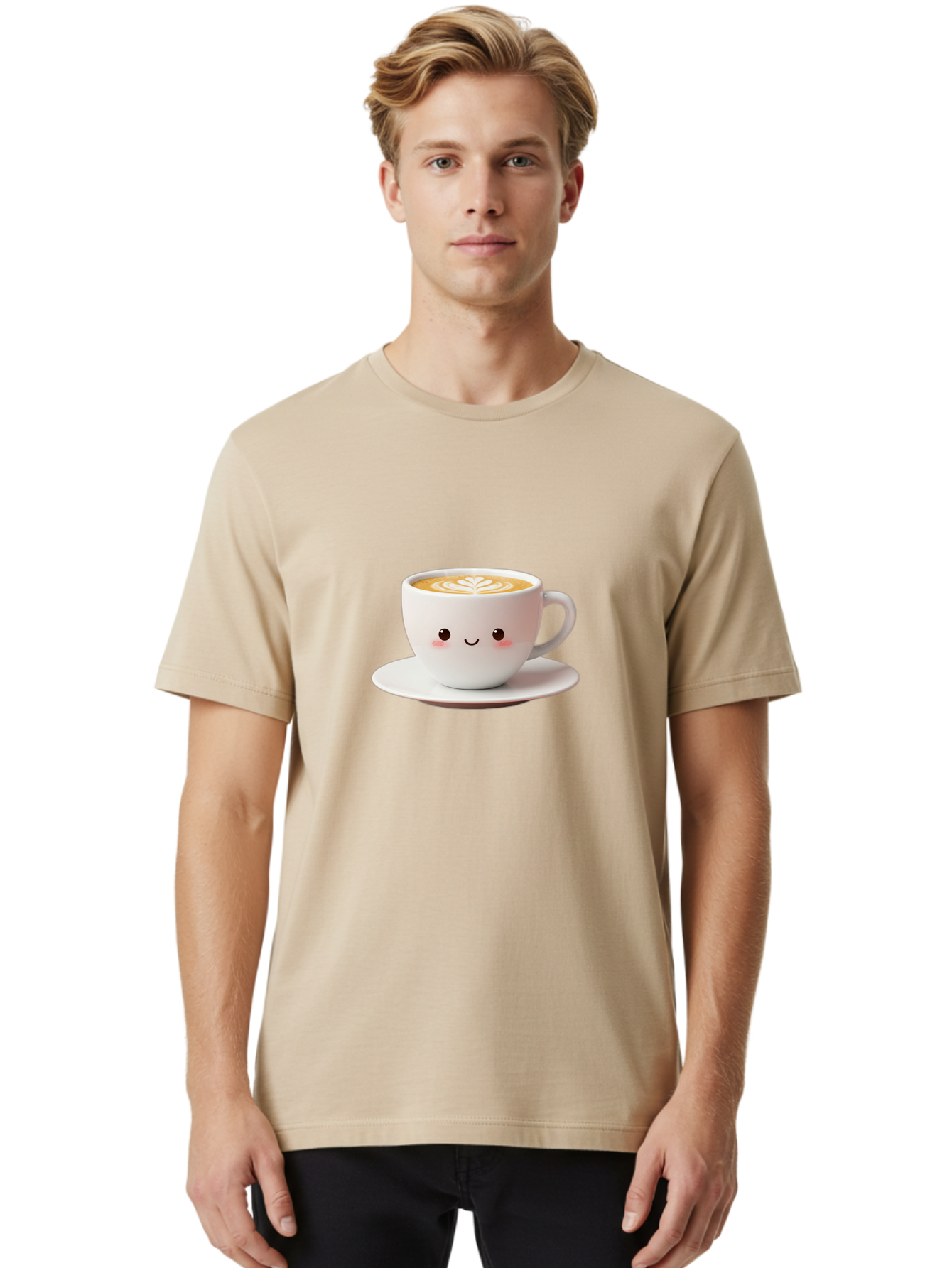 Cappuccino Men'S Graphic Tee, 100% Cotton, Comfortable Casual Summer Wear, Machine Washable, Cute Cartoon Coffee, Latte Art, Happy Face, Coffee Cup, Espresso Drink, Saucer, Adorable Character, Morning Pick-Me-Up, Coffee Break, Bab713