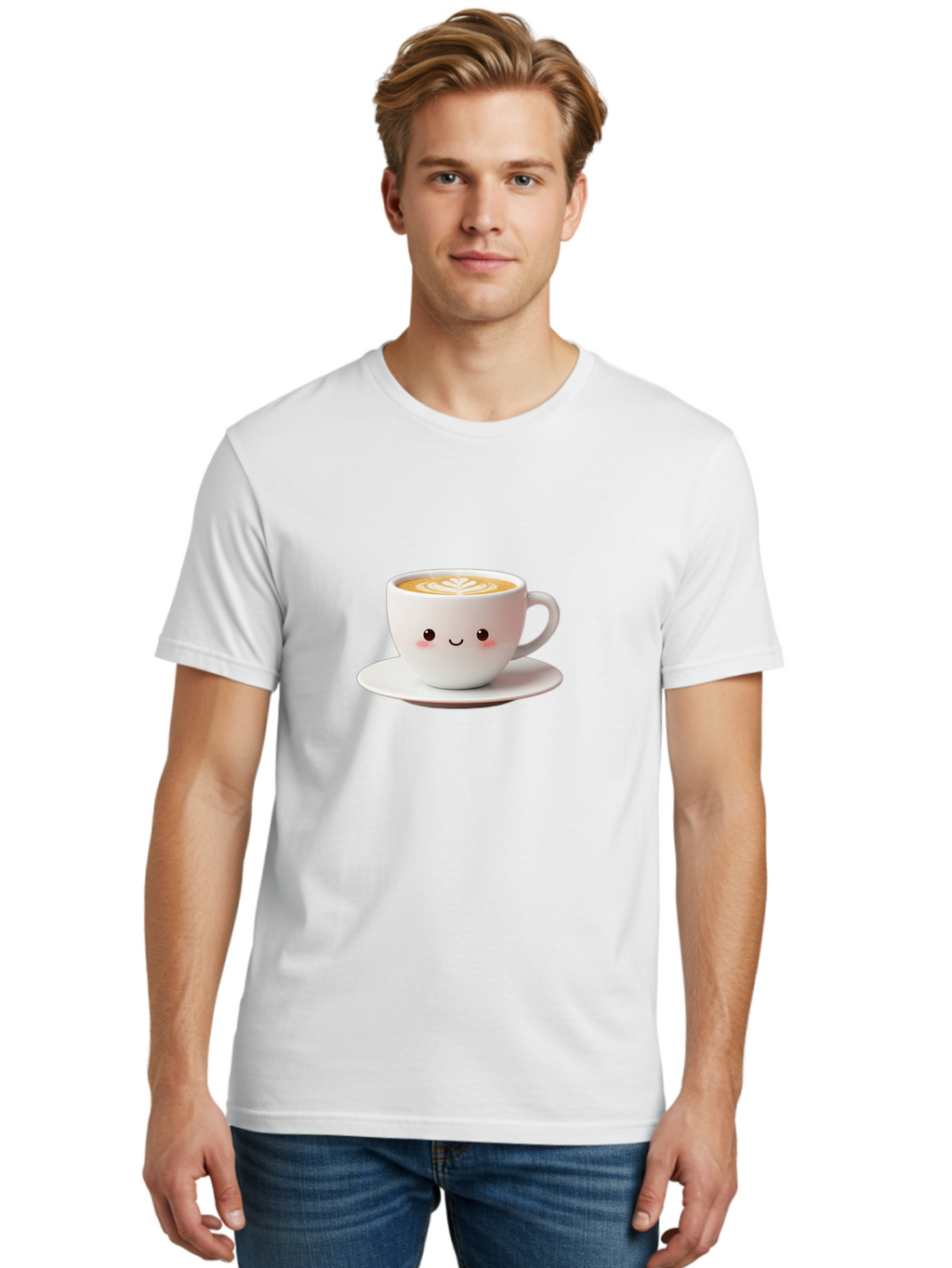 Cappuccino Men'S Graphic Tee, 100% Cotton, Comfortable Casual Summer Wear, Machine Washable, Cute Cartoon Coffee, Latte Art, Happy Face, Coffee Cup, Espresso Drink, Saucer, Adorable Character, Morning Pick-Me-Up, Coffee Break, Bab713