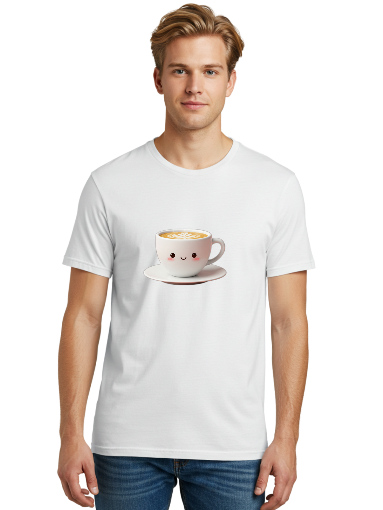 Cappuccino Men'S Graphic Tee, 100% Cotton, Comfortable Casual Summer Wear, Machine Washable, Cute Cartoon Coffee, Latte Art, Happy Face, Coffee Cup, Espresso Drink, Saucer, Adorable Character, Morning Pick-Me-Up, Coffee Break, Bab713