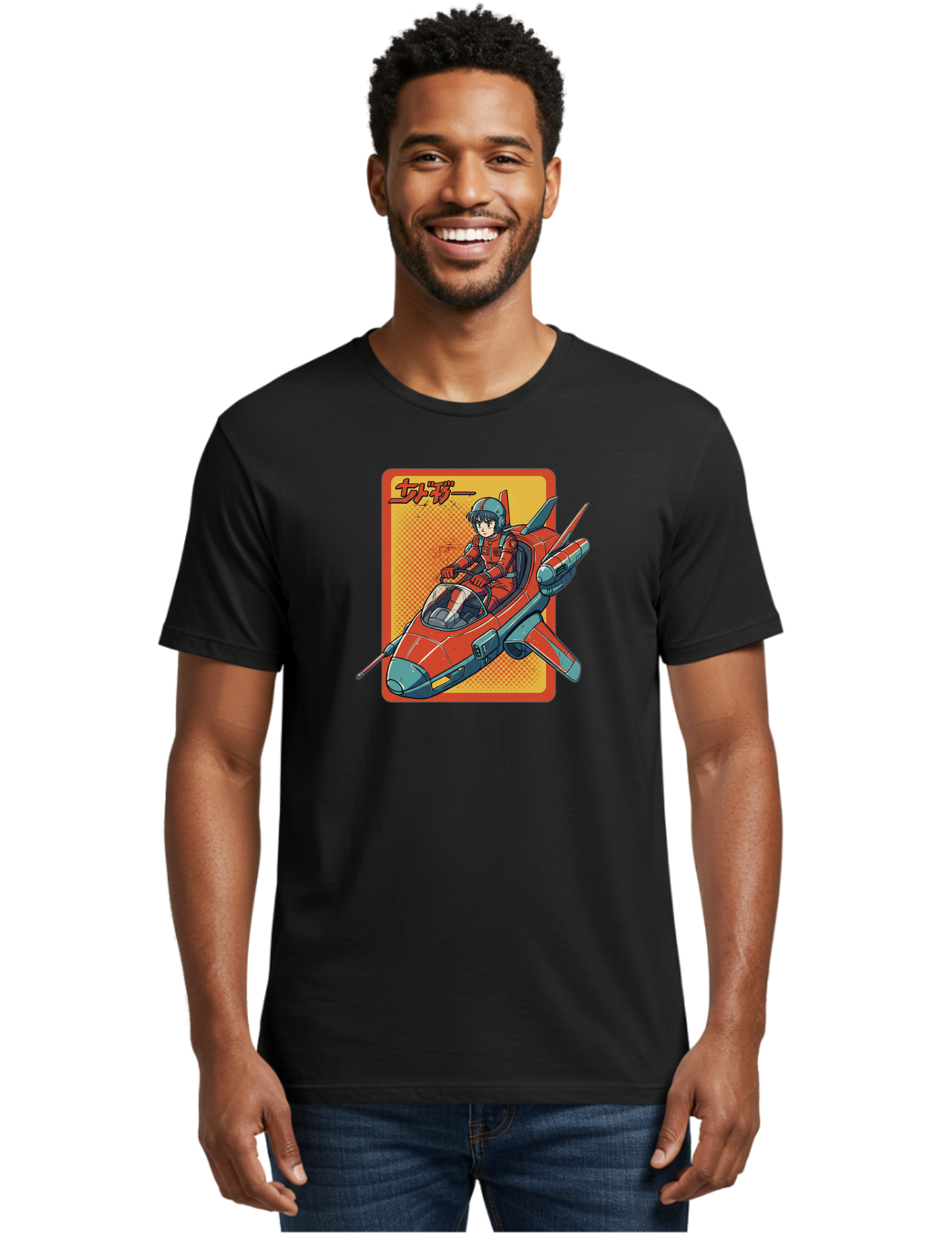 Captain-Tsubasa Men'S Graphic Tee, 100% Cotton, Comfortable Casual Summer Wear, Machine Washable, Anime Style Fighter Jet, Red Jet Aircraft, Japanese Text, Futuristic Pilot, Aviation Art, Cyberpunk, Manga Inspired Bab714
