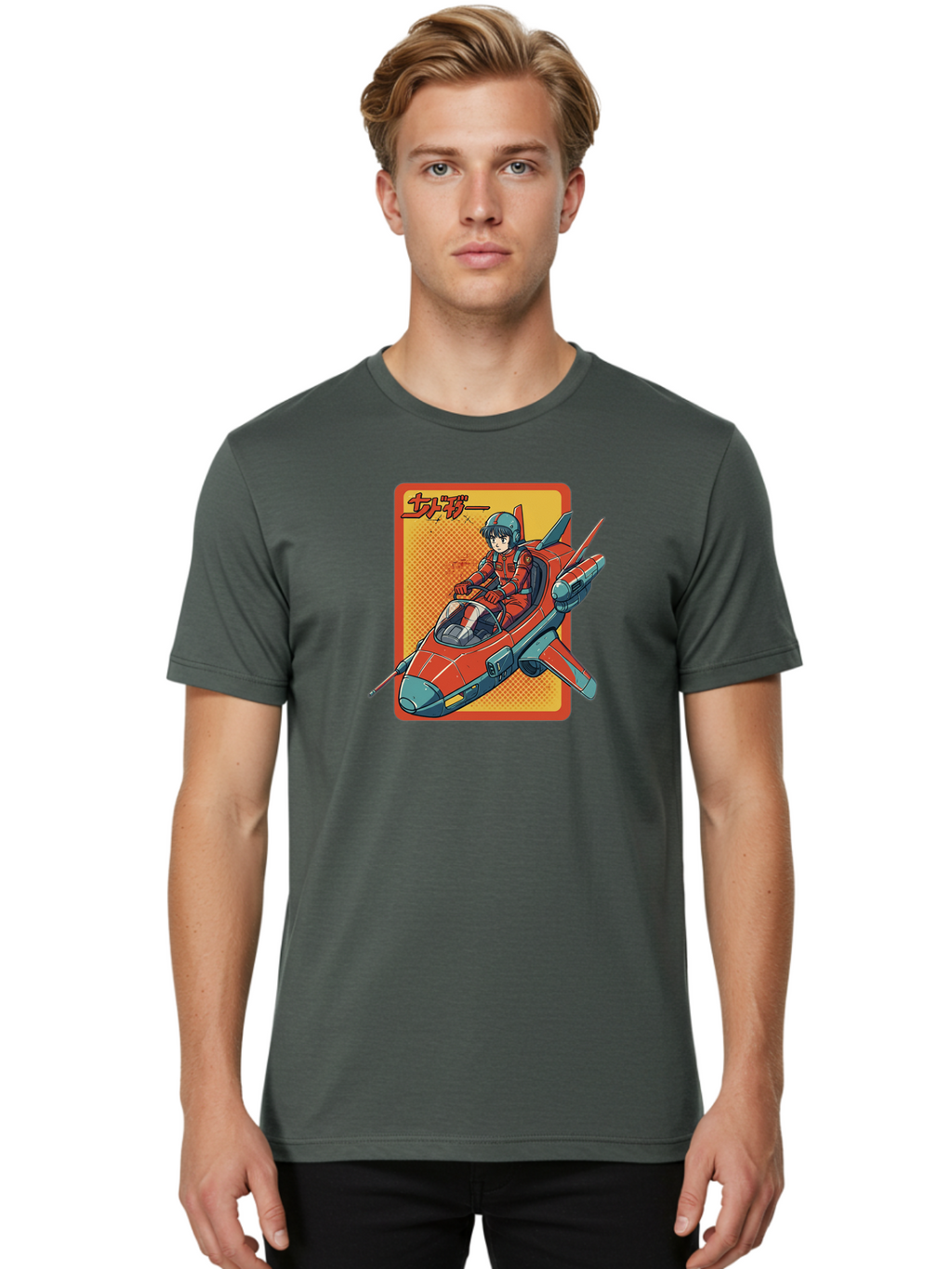Captain-Tsubasa Men'S Graphic Tee, 100% Cotton, Comfortable Casual Summer Wear, Machine Washable, Anime Style Fighter Jet, Red Jet Aircraft, Japanese Text, Futuristic Pilot, Aviation Art, Cyberpunk, Manga Inspired Bab714