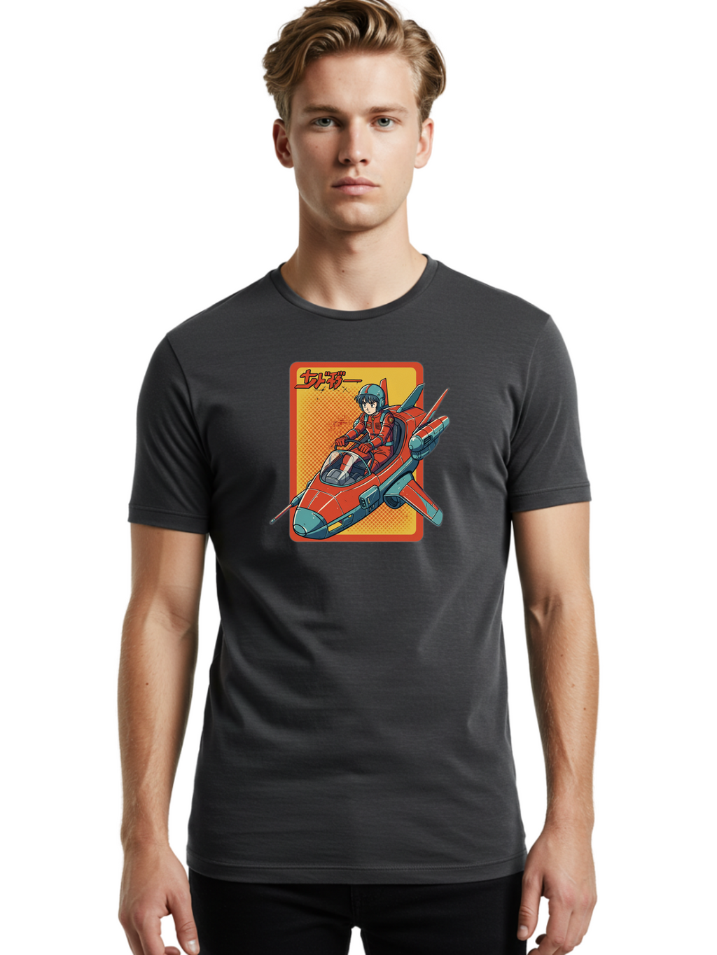 Captain-Tsubasa Men'S Graphic Tee, 100% Cotton, Comfortable Casual Summer Wear, Machine Washable, Anime Style Fighter Jet, Red Jet Aircraft, Japanese Text, Futuristic Pilot, Aviation Art, Cyberpunk, Manga Inspired Bab714