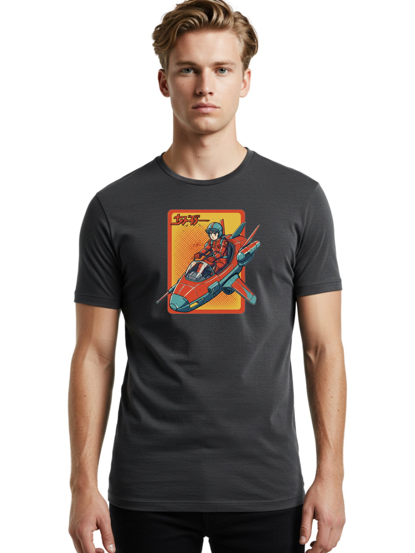 Captain-Tsubasa Men'S Graphic Tee, 100% Cotton, Comfortable Casual Summer Wear, Machine Washable, Anime Style Fighter Jet, Red Jet Aircraft, Japanese Text, Futuristic Pilot, Aviation Art, Cyberpunk, Manga Inspired Bab714