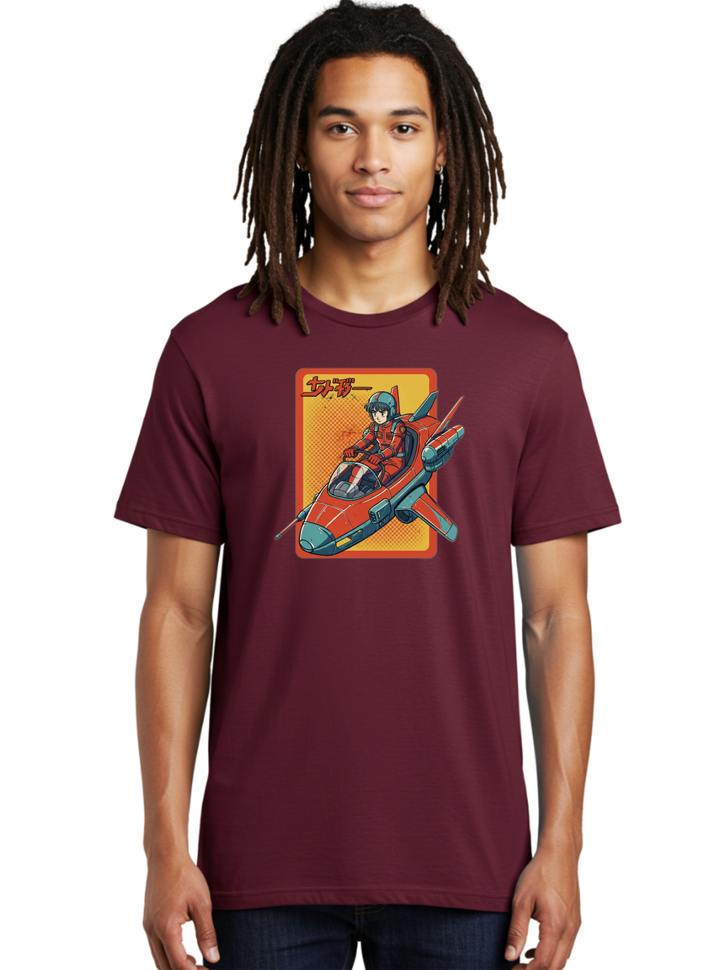 Captain-Tsubasa Men'S Graphic Tee, 100% Cotton, Comfortable Casual Summer Wear, Machine Washable, Anime Style Fighter Jet, Red Jet Aircraft, Japanese Text, Futuristic Pilot, Aviation Art, Cyberpunk, Manga Inspired Bab714