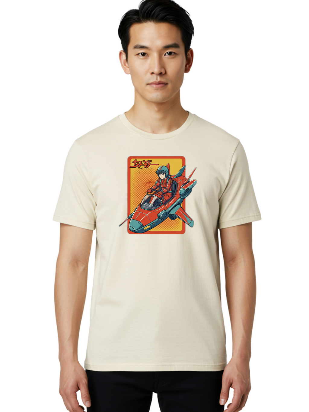 Captain-Tsubasa Men'S Graphic Tee, 100% Cotton, Comfortable Casual Summer Wear, Machine Washable, Anime Style Fighter Jet, Red Jet Aircraft, Japanese Text, Futuristic Pilot, Aviation Art, Cyberpunk, Manga Inspired Bab714