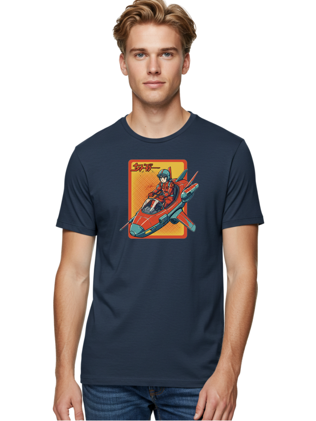 Captain-Tsubasa Men'S Graphic Tee, 100% Cotton, Comfortable Casual Summer Wear, Machine Washable, Anime Style Fighter Jet, Red Jet Aircraft, Japanese Text, Futuristic Pilot, Aviation Art, Cyberpunk, Manga Inspired Bab714