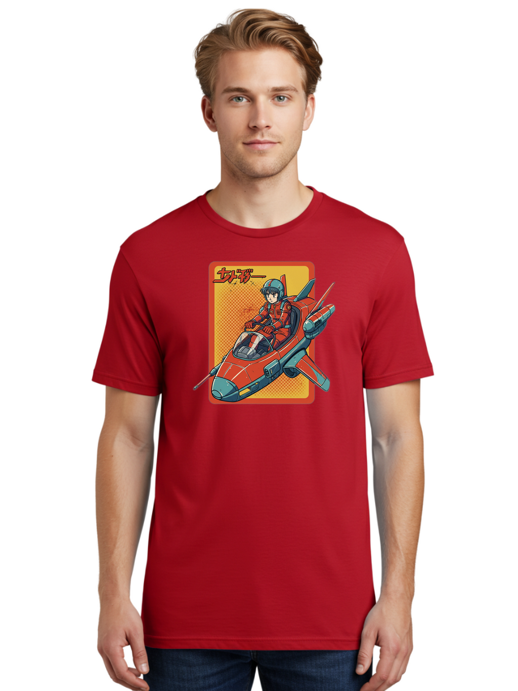 Captain-Tsubasa Men'S Graphic Tee, 100% Cotton, Comfortable Casual Summer Wear, Machine Washable, Anime Style Fighter Jet, Red Jet Aircraft, Japanese Text, Futuristic Pilot, Aviation Art, Cyberpunk, Manga Inspired Bab714